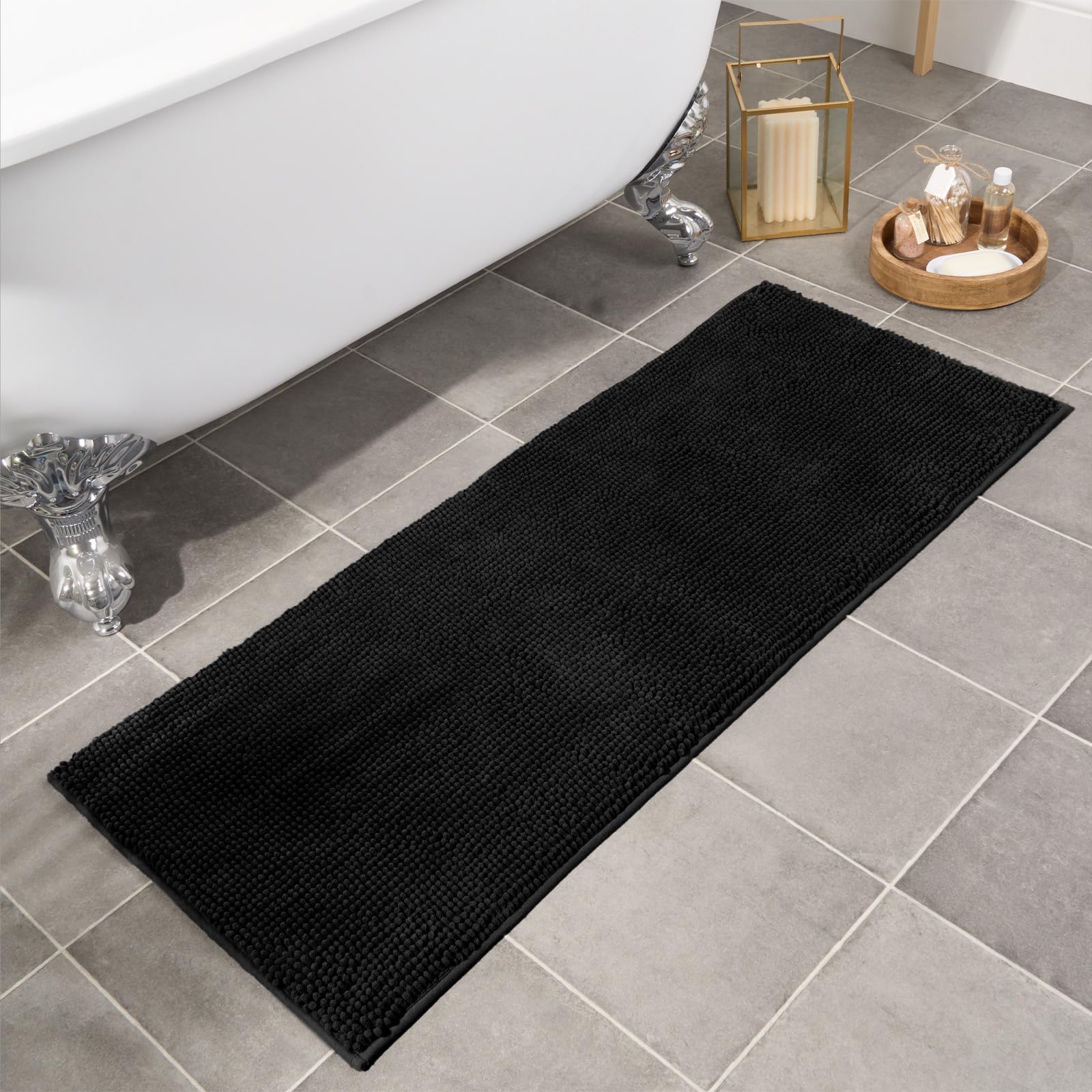 Brentfords Black Noodle Bath Mats For Bathroom, Non Slip Absorbent Runner Mat Super Soft Thick Bobble Material Large Quick Drying Lightweight - 45 X 110Cm