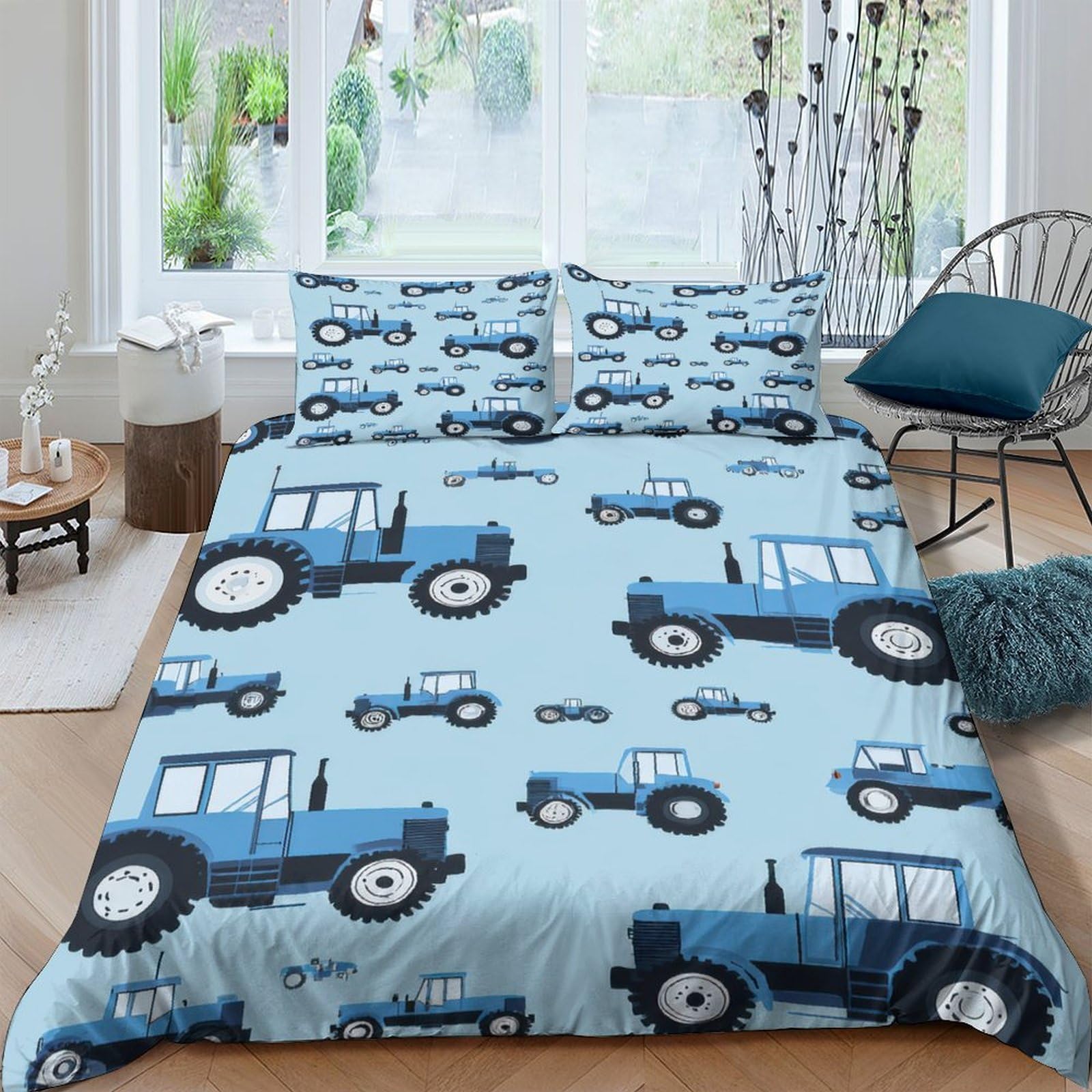 Ctjqhvkz Style-8 3D Printed Blue Tractor Fitted Sheet Microfiber Soft Non Slip Farm Vehicle Bed Cover For Bedroom Guest Room Decor Single（135X200cm）