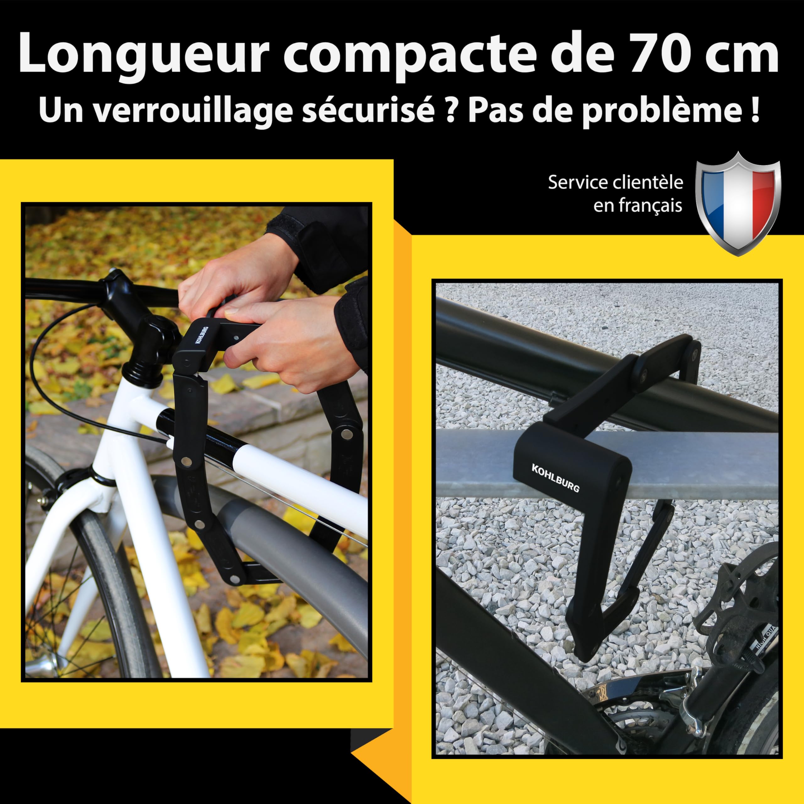 KOHLBURG Antivol pliable léger - 680 g léger et 70 cm de long avec support | Antivol velo en acier trempé, aussi comme antivol velo electrique, ebike et cadenas trotinette electrique