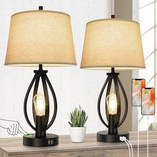 Set of 2 Touch Control Table Lamps, 3-Way Dimmable Bedside Nightstand Lamps for Bedroom 2 USB Ports, Rotary Switch, 2-Light Modern Table Lamps with Fabric Shades for Living Room End Table
