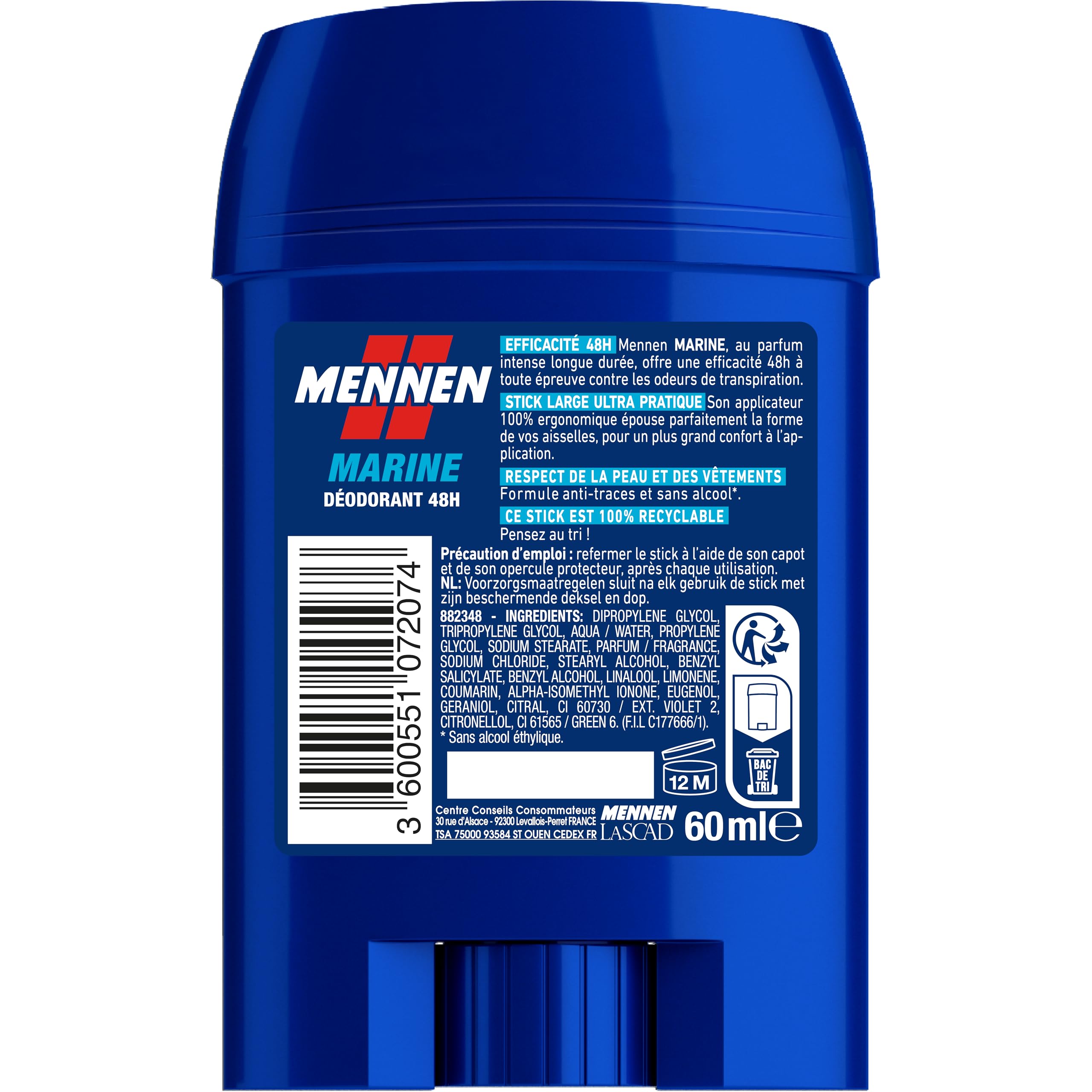 MENNEN - MARINE Deodorant Homme 24H - Stick Large - Sans Alcool - Anti-Traces - 60 ml - Lot de 6