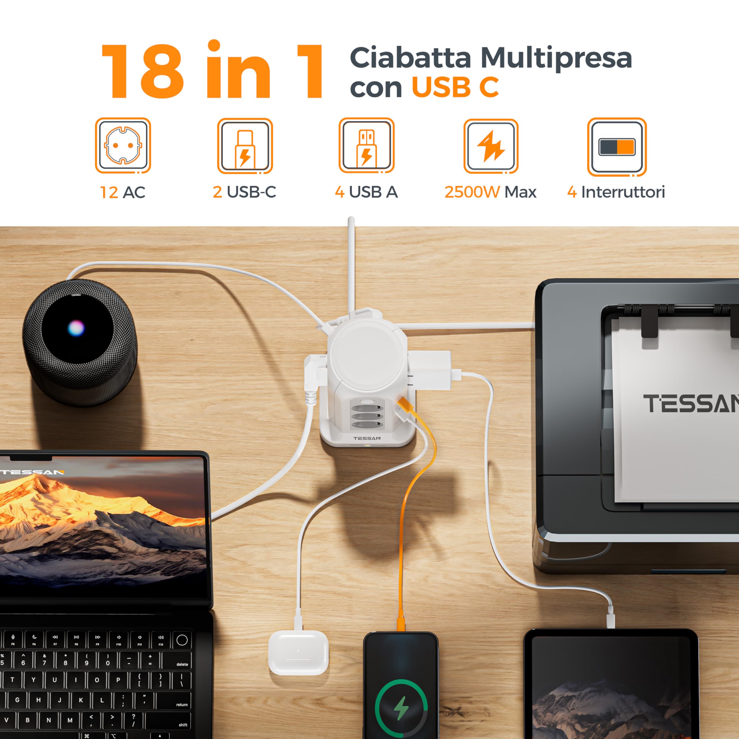 TESSAN Ciabatta Multipresa 12 Schuko con 6 USB, Torretta Multipresa con Interruttore e Prolunga Elettrica 5 Metri, 15W Ricarica rapida per Phone, Pad, Adattatore EU per Ufficio, Casa, Bianca