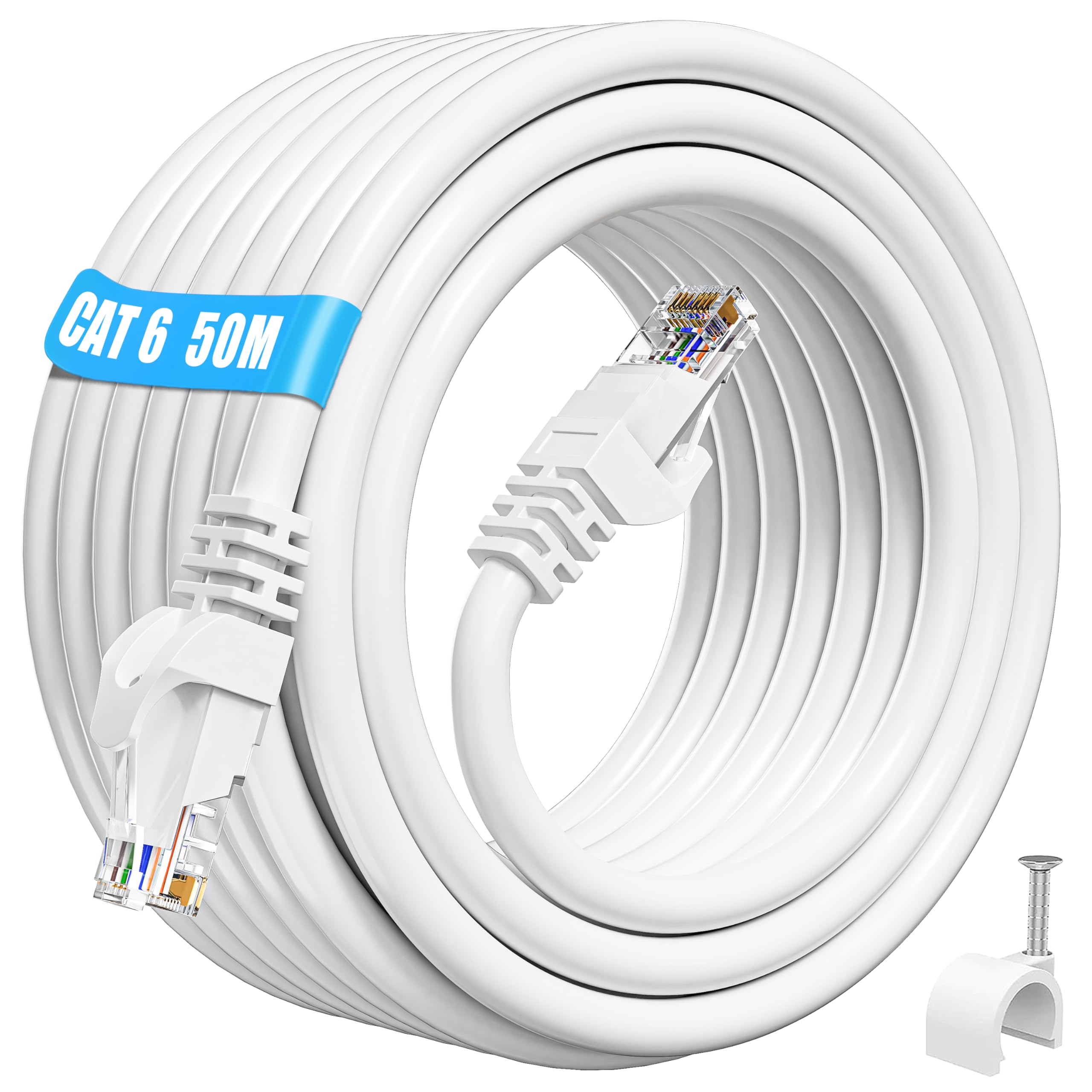 ikbc Lan Kabel 50 Meter, Cat 6 Outdoor Gigabit Ethernet Kabel RJ45, High Speed Internetkabel Weiß AWG23 für Router mit 50 Clips