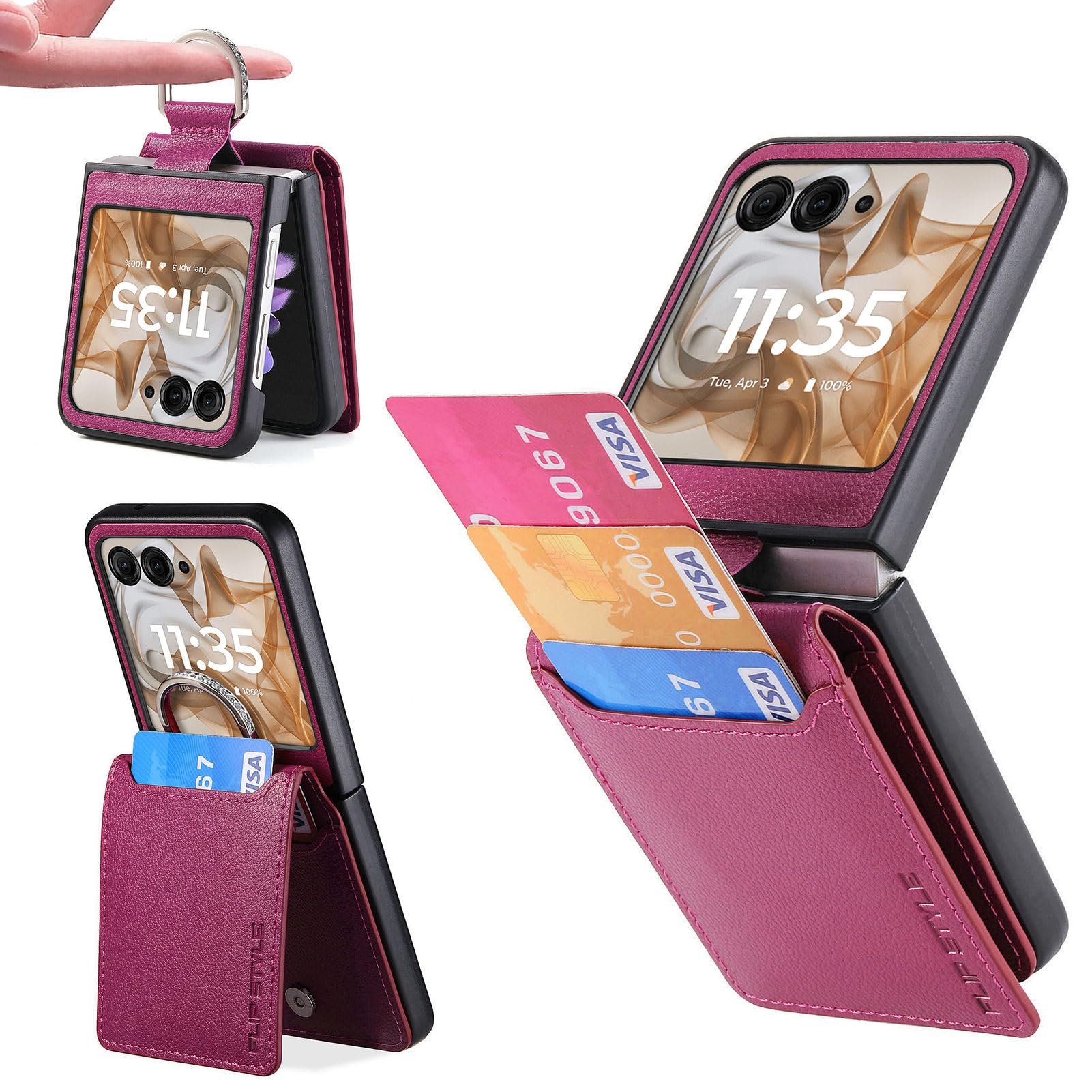 Luxury PU Leather Motorola Razr 2024 Case with Kickstand, Card Holder & Full Coverage - Hot Pink