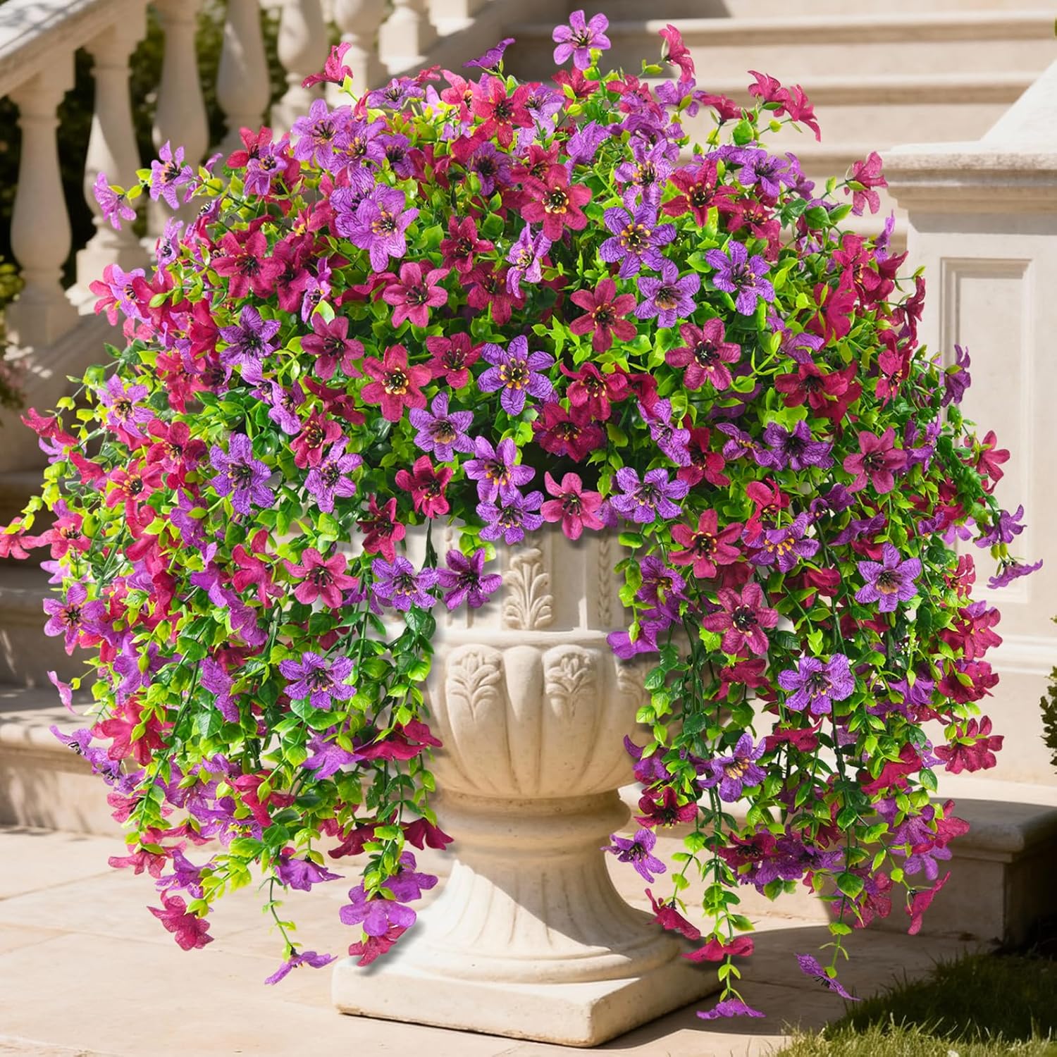 ZFProcess Artificial Hanging Flowers for Outdoors, 2 Pcs Fake Hanging Plant Spring Summer Decoration, UV Resistant No Fade Faux Flower for Porch Patio Yard Window Home Decor(Light Purple Red)