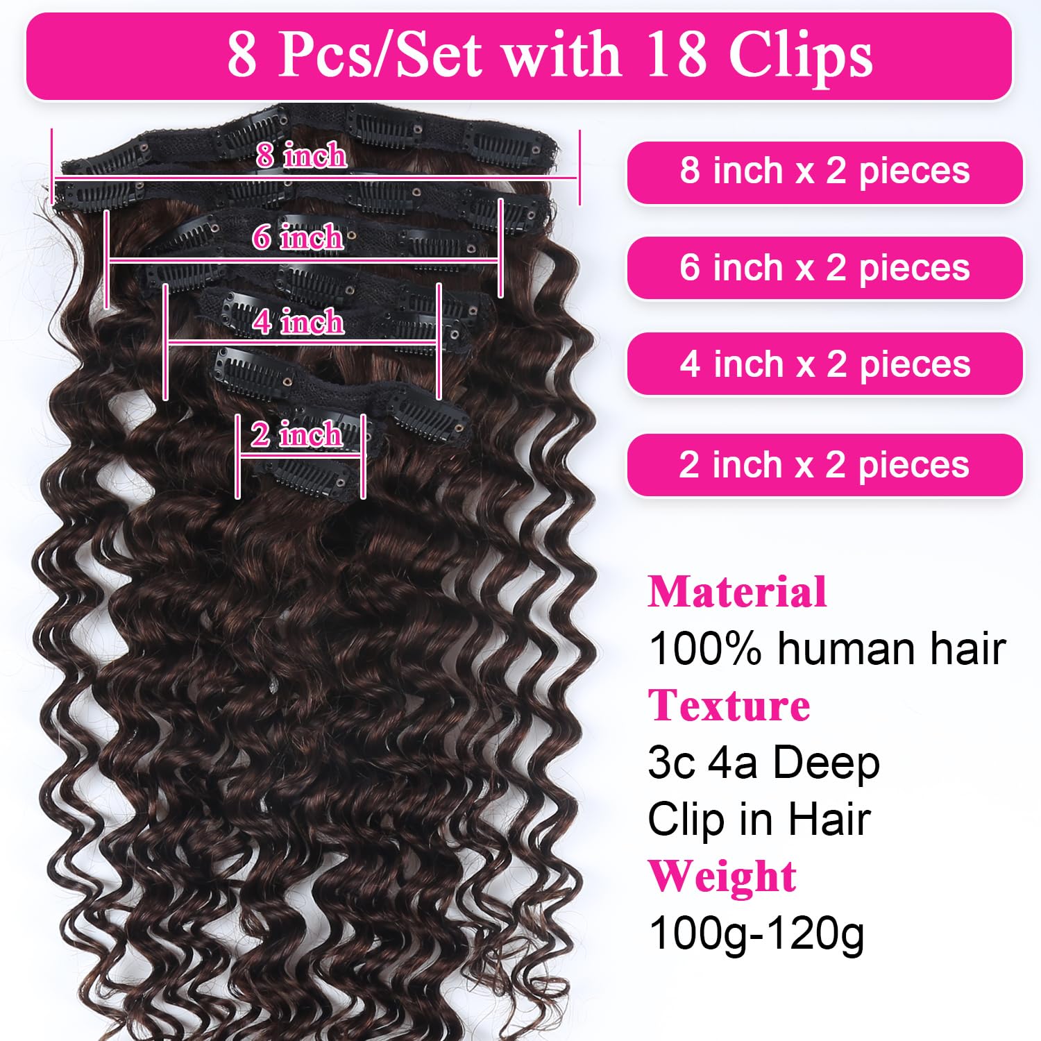 Dark Brown Clip in Hair Extensions Real Human Hair, 14 Inch 100g 8pcs #2 Brown Human Extensions - Image 4