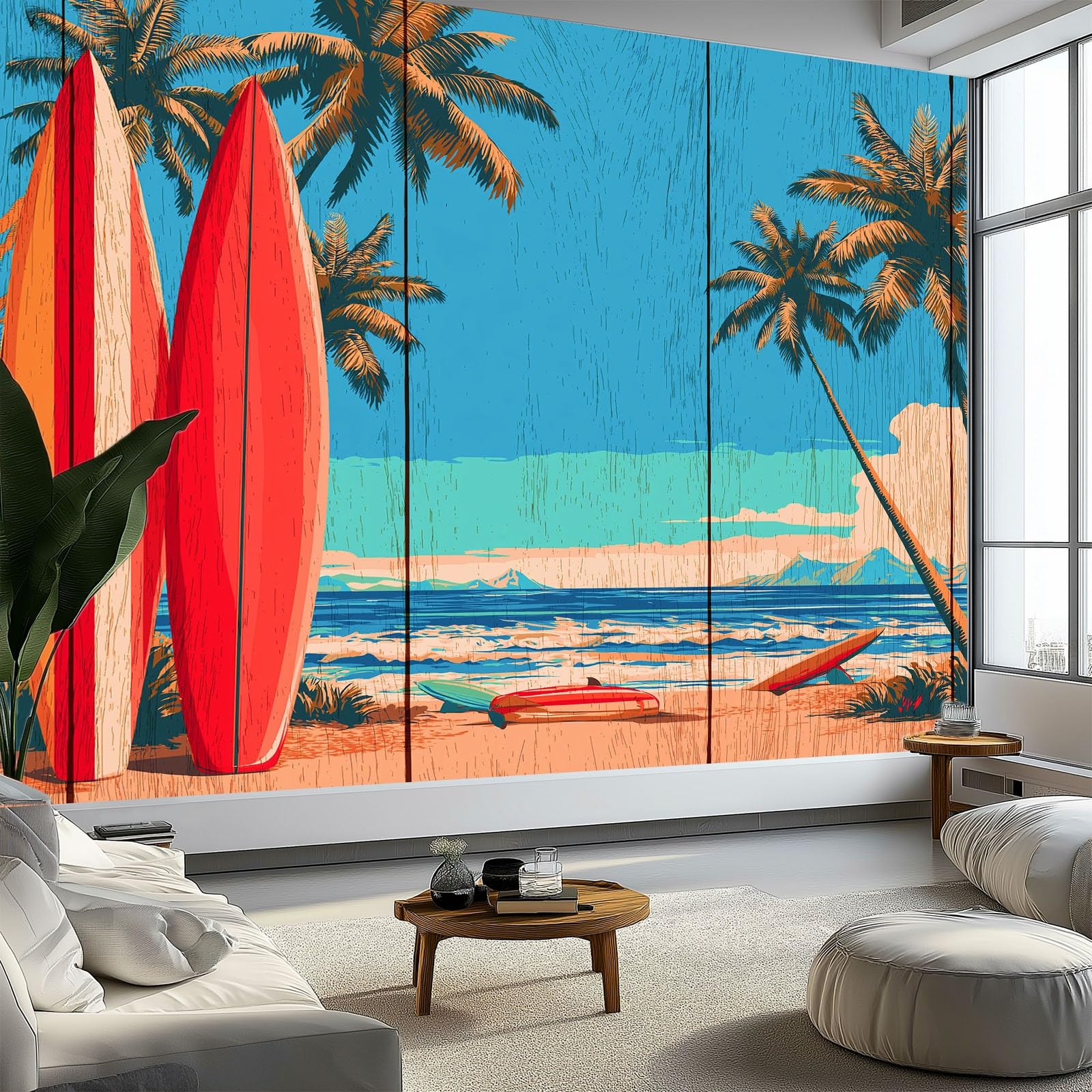Fototapeta 3D, deska surfingowa, drzewa, niebo, plaża, 250 x 175 cm, tapeta z włókniny, tapeta ścienna, odporna na promieniowanie UV, neutralna zapachowo, niebieska