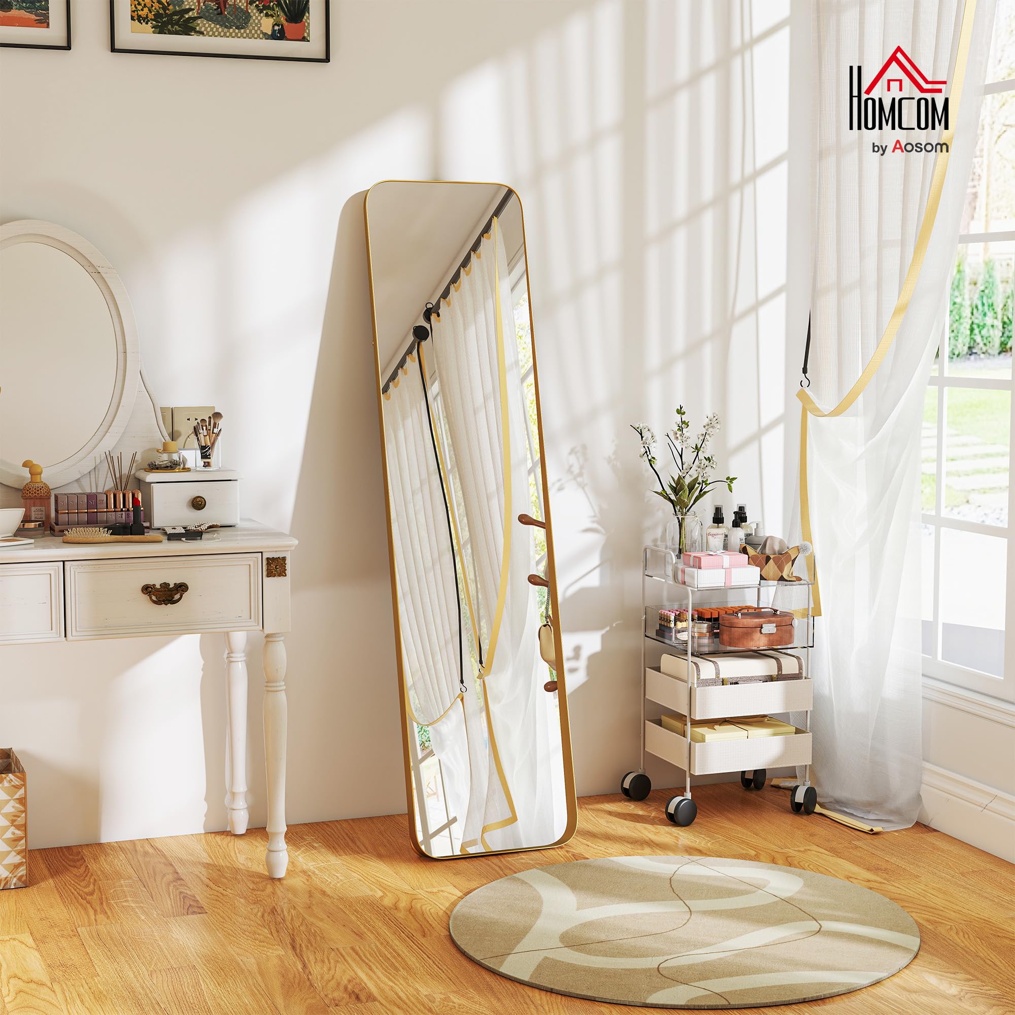 HOMCOM Specchio da Terra Moderno a Figura Intera Antiscoppio 40x160 cm Oro | Specchio Verticale con Cornice, in Vetro MDF e Metallo, per Camera da Letto, Soggiorno e Ingresso