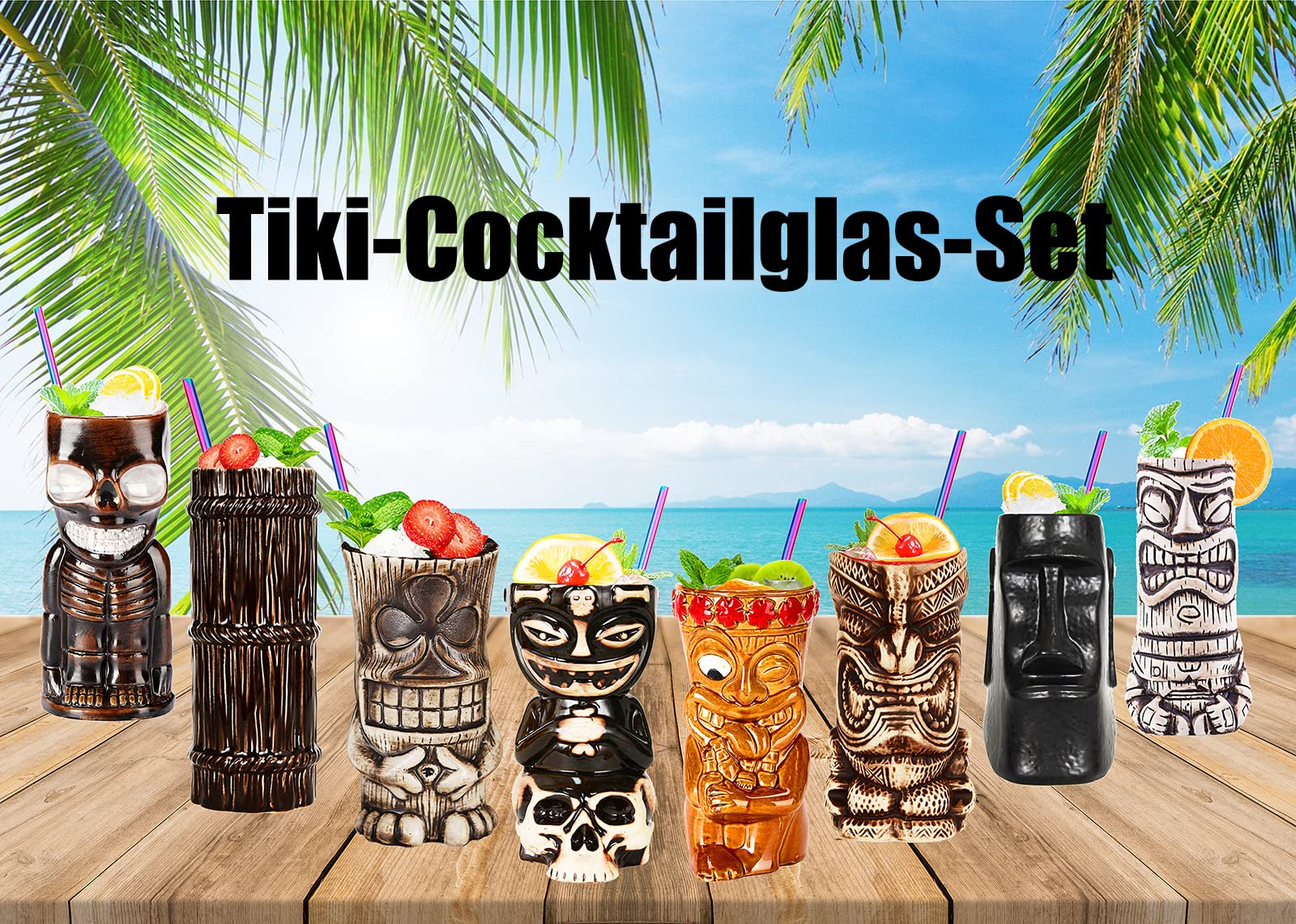 Tiki Mug, Hawaii Tiki Cup, bicchieri da cocktail, ceramica, set di 18 tazze, tazze da cocktail, per feste esotiche