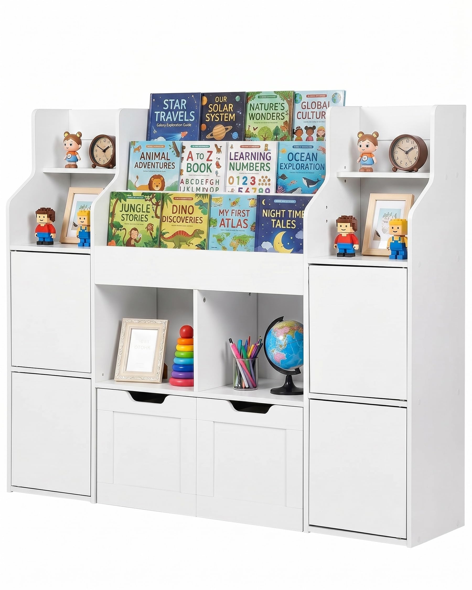 Bibliotheque Enfant avec 2 tiroirs, Blanche Etagere Livre Montessori pour Chambre, Meuble Rangement Jouet sur 8 roulettes, Fixation Murale Stable