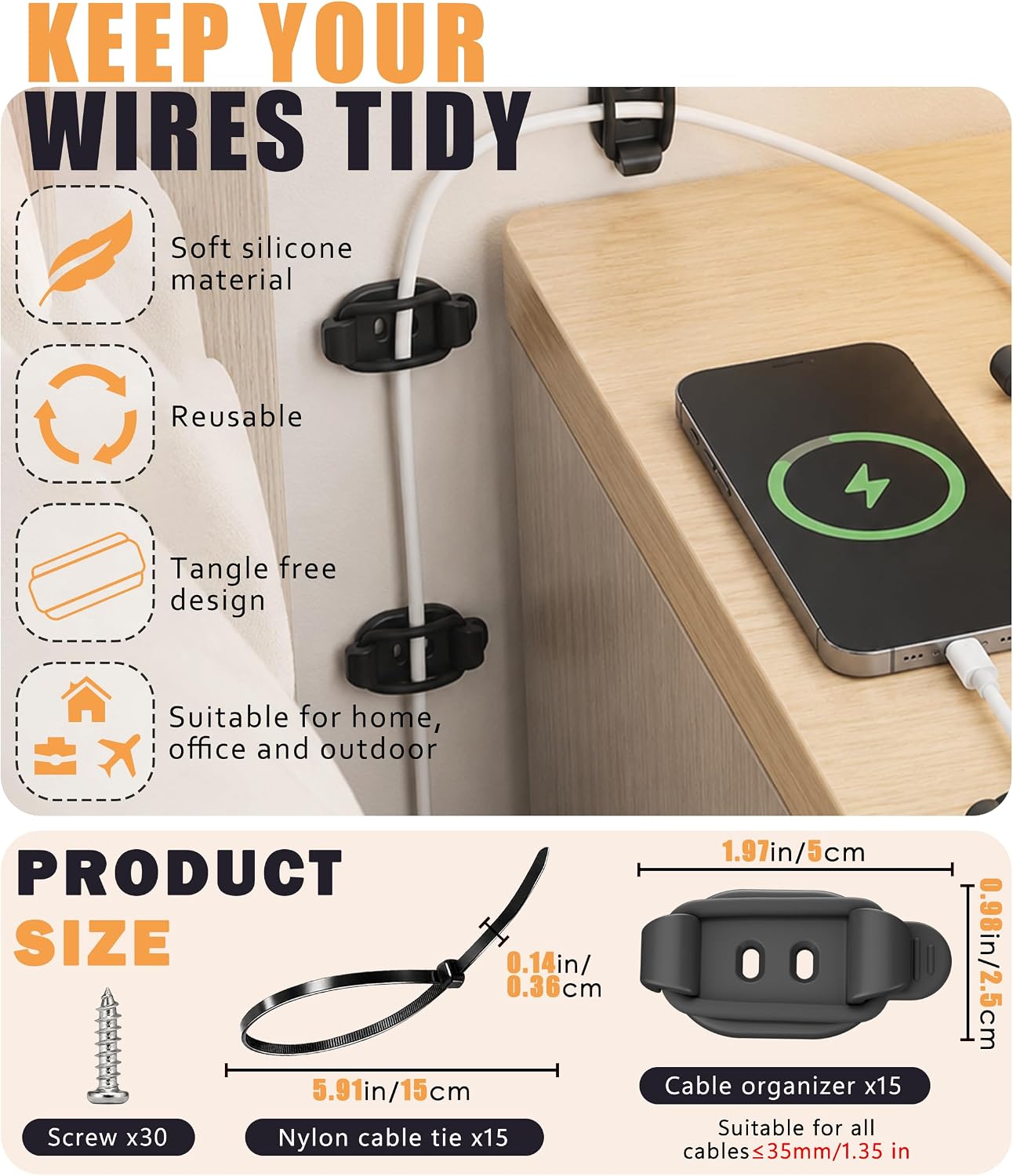 15 Set Cable Management Clips, Adjustable Cord Holder Organizer image 2