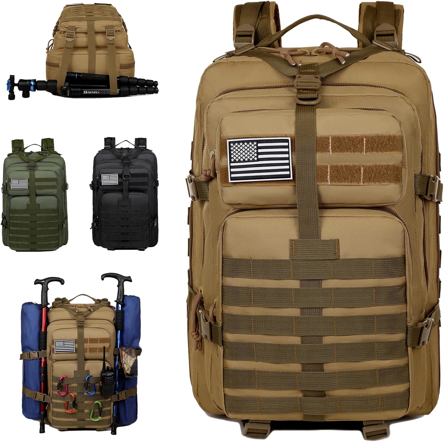 Military Tactical Backpack for Men, 45L Large 3 Day Assault Pack MOLLE Bag, Waterproof Rucksack for Outdoor Hiking, Camping, Trekking & Survival, Includes American Flag Patch - Tactical Green