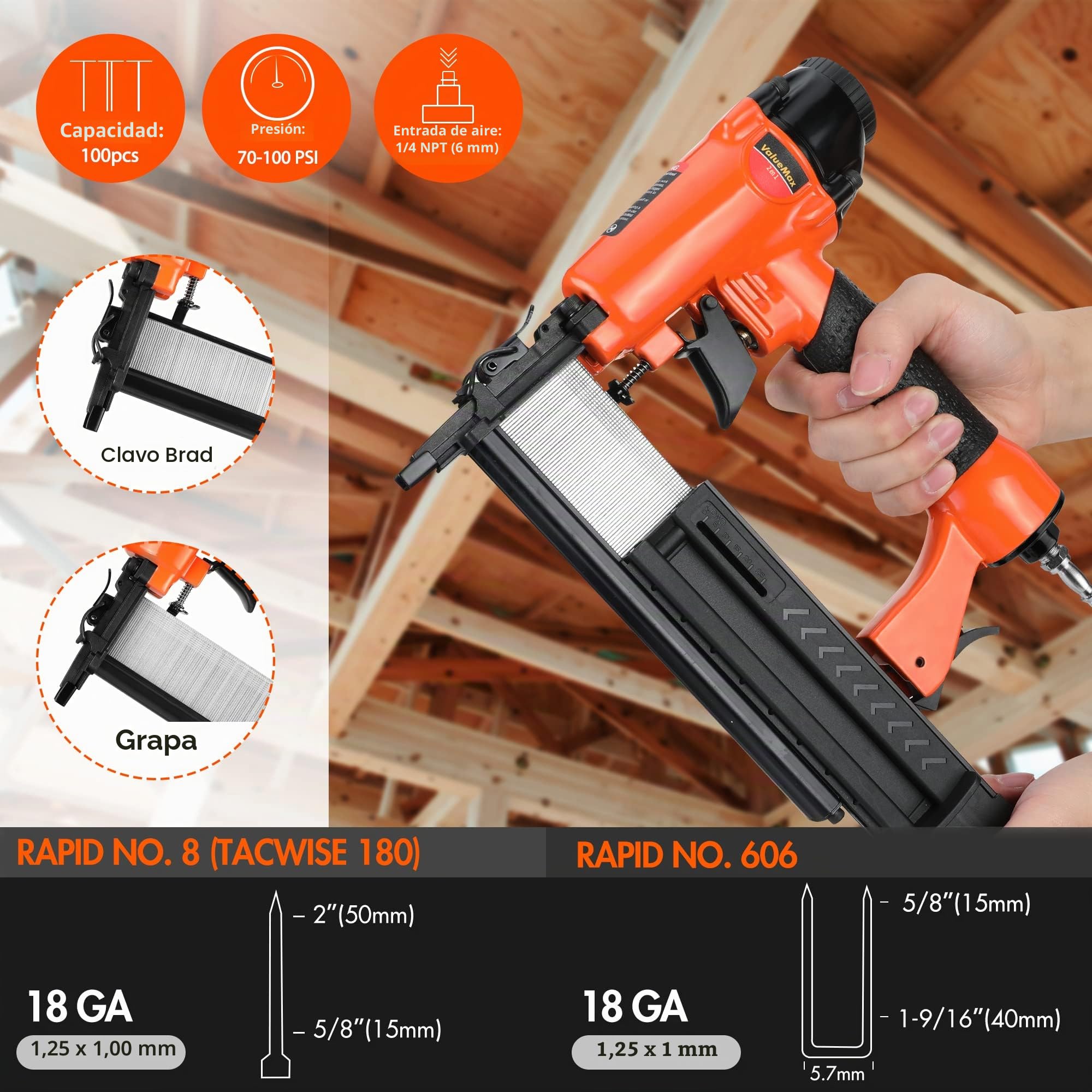ValueMax Grapadora Neumática de Aire Comprimido 8.3 bar, Pistola de Clavos con Nariz de Seguridad, incluye 200 Grapas y 200 Clavos, Gafa, Aceite, Llave Hexagonal