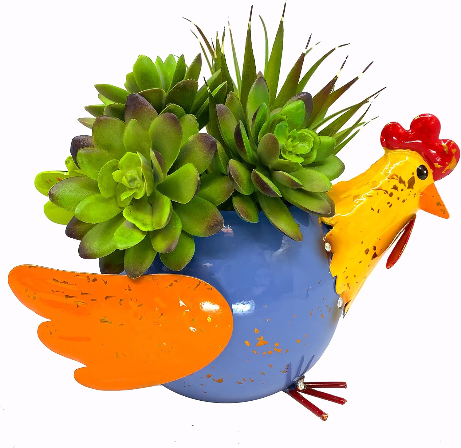Chicken Planter Pot Colorful Farmhouse Metal Rooster Hen Succulent Flower Indoor Outdoor Garden Decor 8"x 5" (Blue & Yellow)