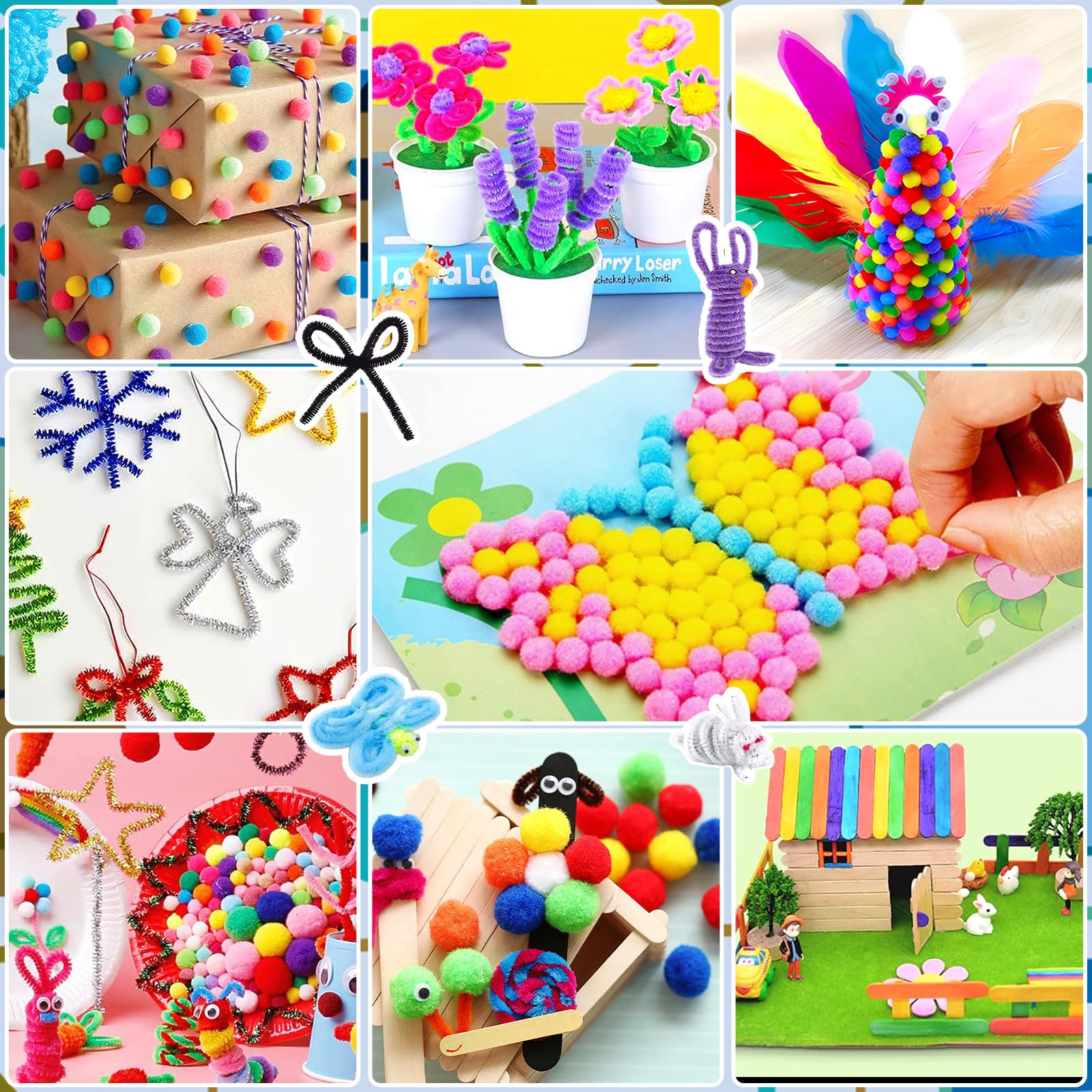 Purpledi Kit Bricolage 3600+ Activites Manuelles pour Enfants, Pipe Cleaners Crafts Set, Fournitures Éducatives, Loisirs Créatifs pour Enfants, Pompons, Yeux Gluants, Plumes，Bleu