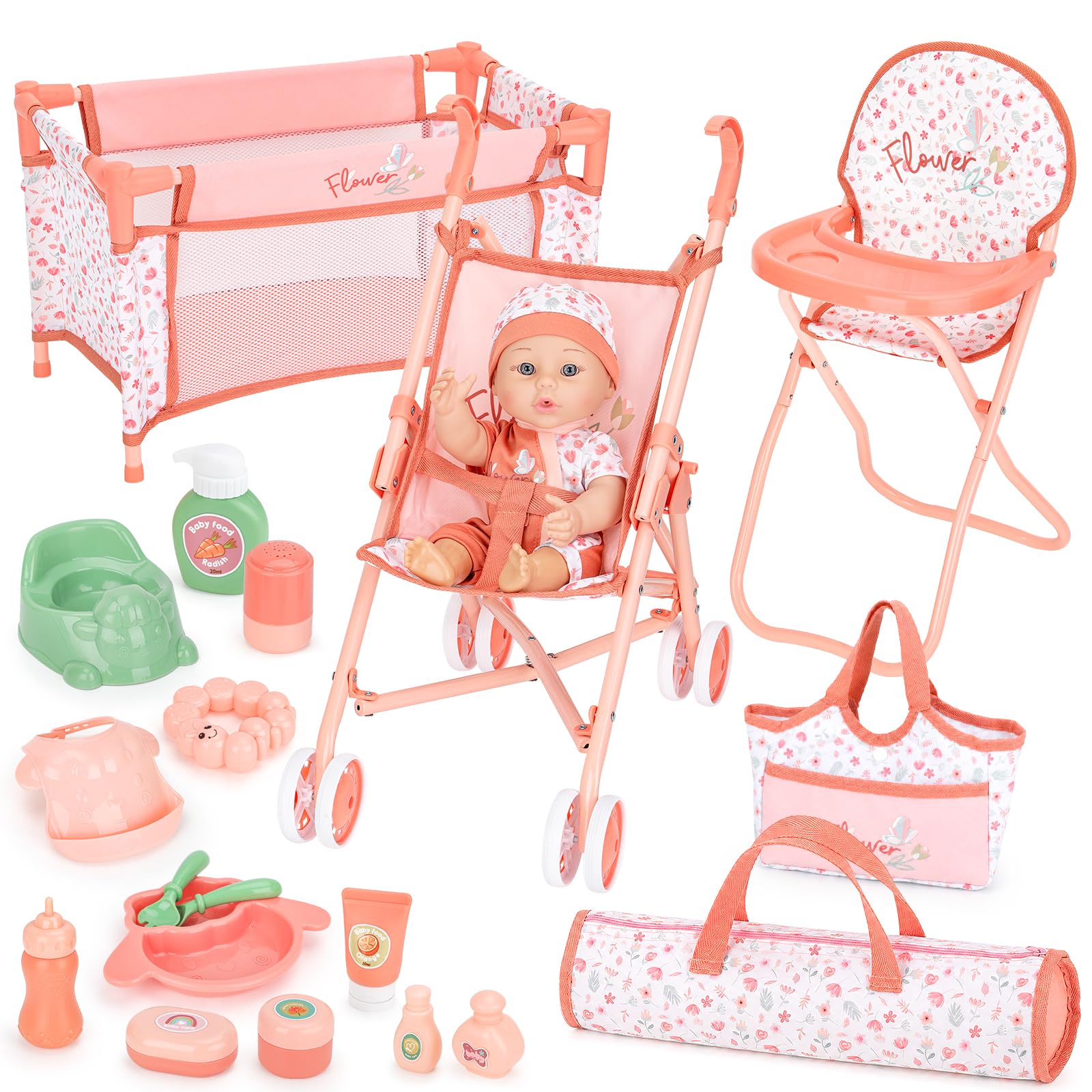 deAO Set Passeggino e Accessori per Bambole, Giochi di Ruolo Giocattoli | Bambole 30cm, Lettino, Seggiolone, Sacco Trasporto, Pieghevole, Montaggio Senza Attrezzi, Regali per Ragazze di 3 Anni+