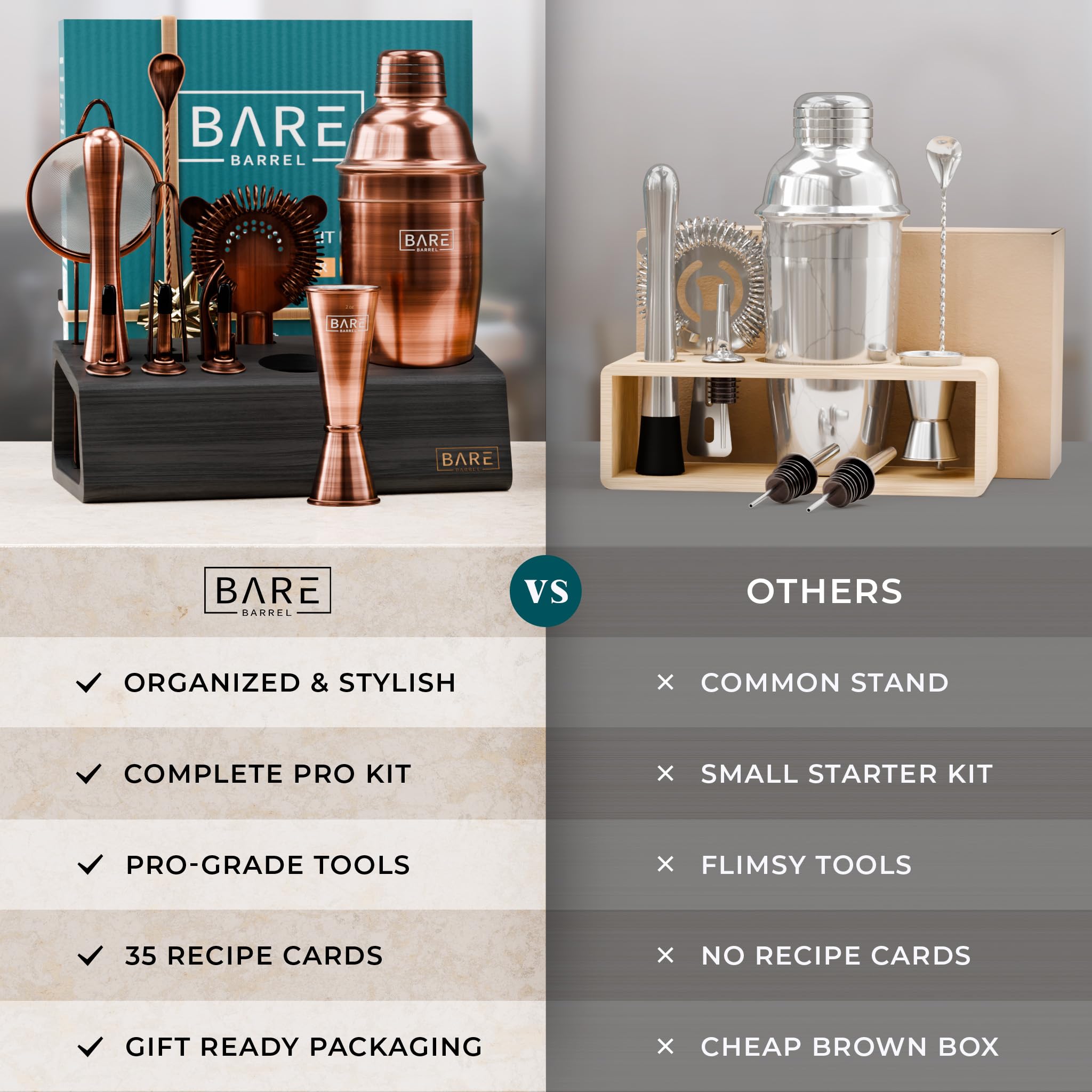 Bare Mixology Barkeeper-Set, Bar-Set, 14-teiliges Martini-Cocktail-Shaker-Set, professionelle Barzubehör-Mischwerkzeuge für die Hausbar, Bambusständer und Rezeptkarten-Set (Kupfer)