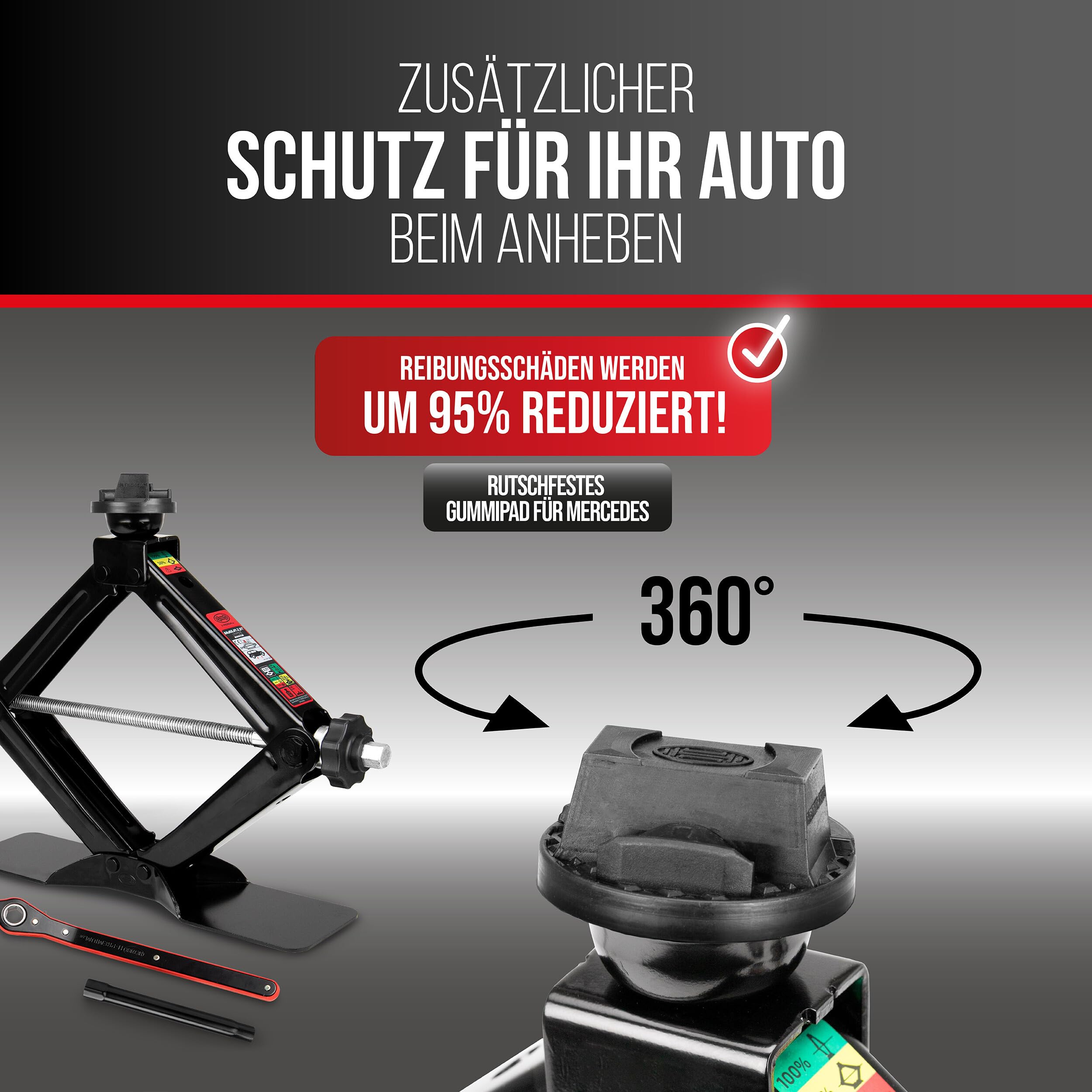 HEYNER® Podnośnik nożycowy ] do Mercedes E-Class W214 (2023-) - okrągłe siodełko, wymienna gumowa podpora 360°, ], grzechotka 17 mm i pokrętło, podstawa 30×8 cm, do