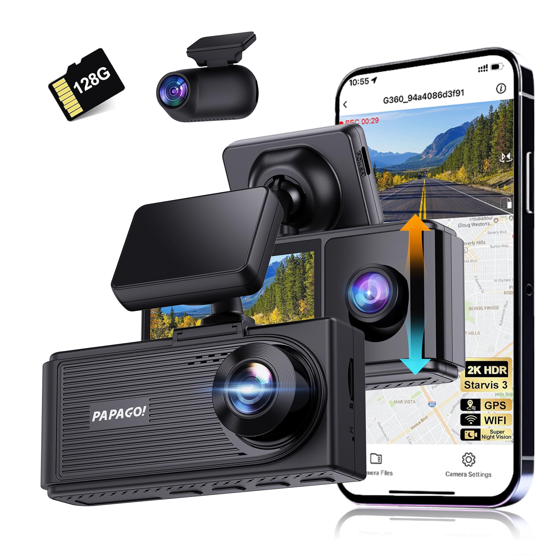 PAPAGO G360 Dash Cam, 3 Channel WiFi Built-in GPS Dashcam, STARVIS IR Night Vision, 2K+1080P+1080P Front Inside and Rear Triple Car Camera, Loop Recording, 128GB Card, Parking Monitor (G360US)