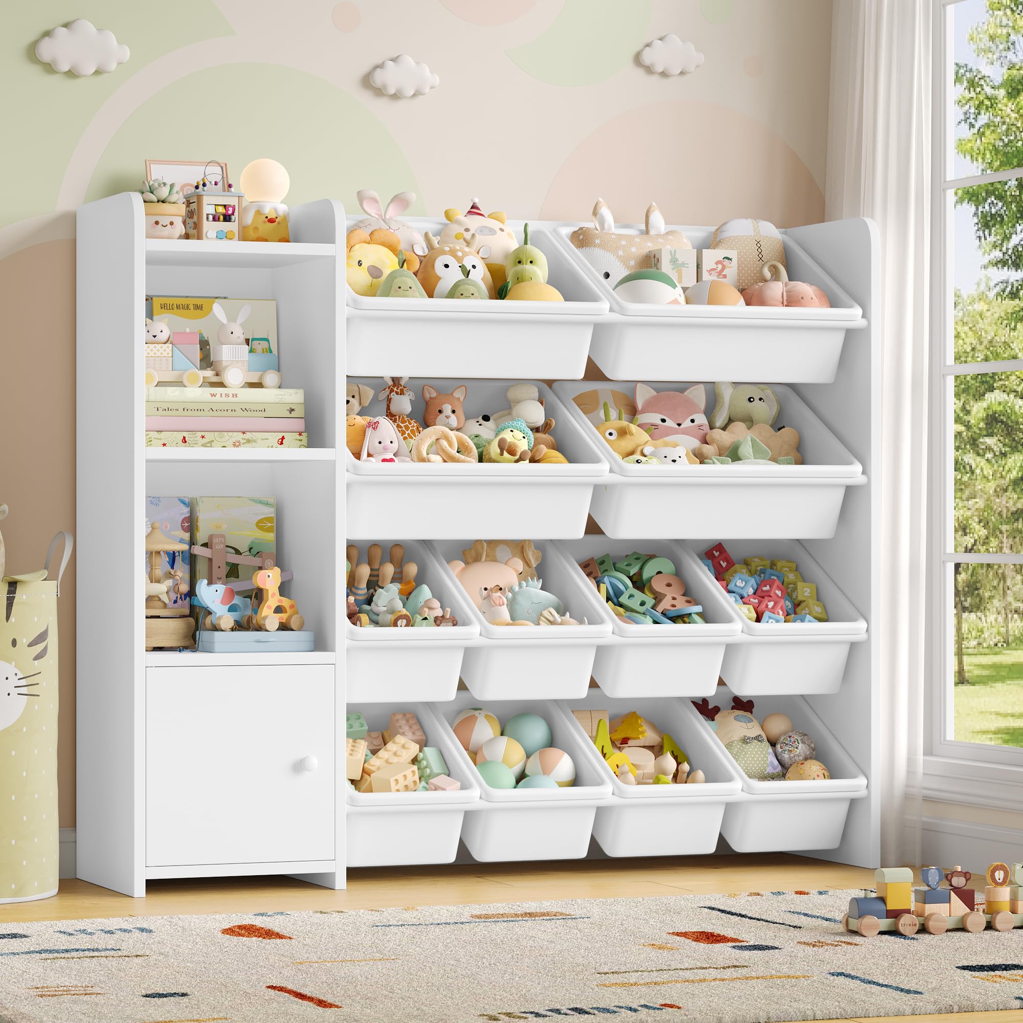 FOREHILL Meuble de Rangement Enfant avec 12 Boîtes Amovibles Bibliothèque Enfant 4 Étagères Meuble Rangement Jouets pour Chambre d’Enfant Salon 112,5x30x100cm Blanc