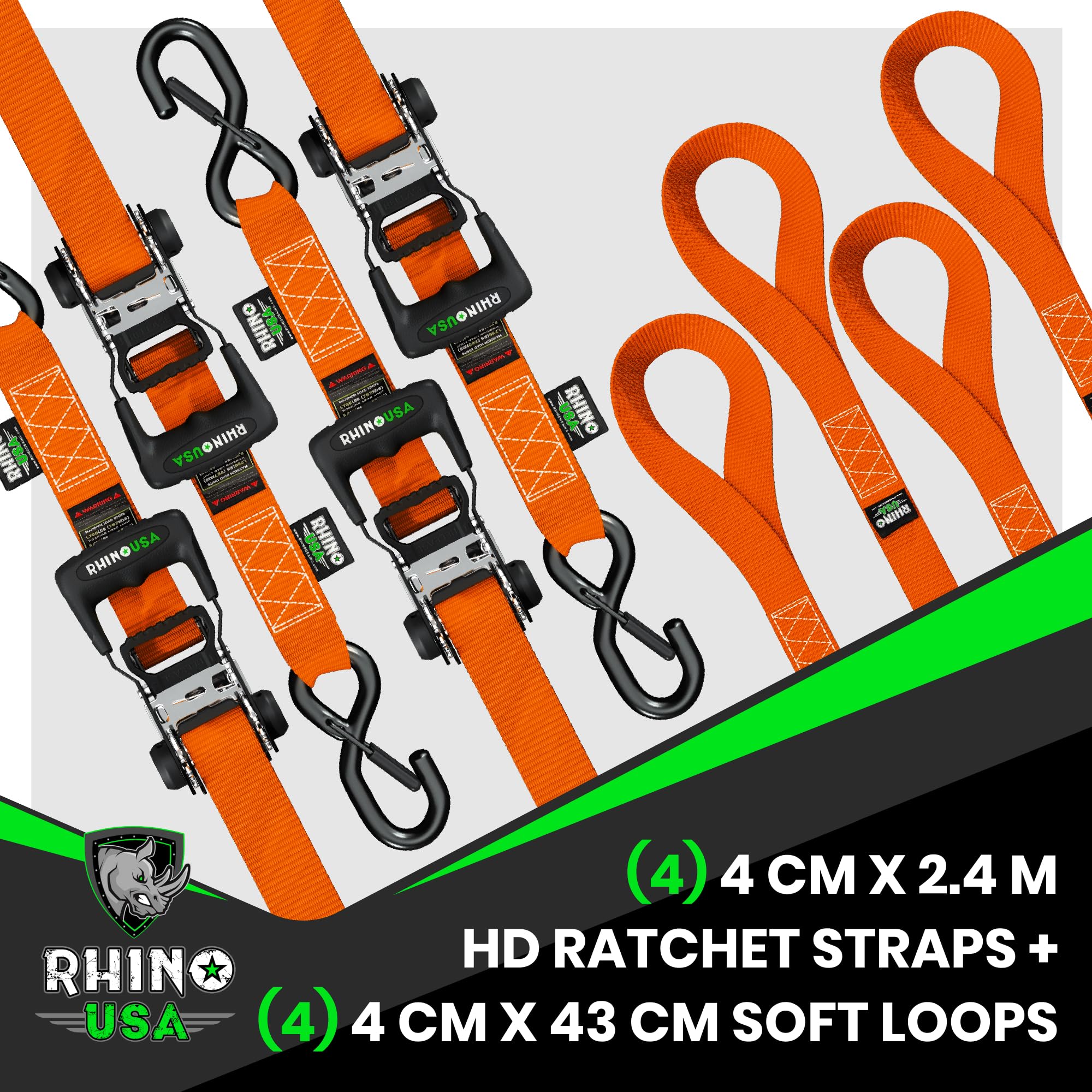 Rhino USA Ratchet Tie Down Straps (Set of 4), 2000kg Max Break Strength, 4cm x 2.4m Heavy Duty Tie Downs with Hooks (4pcs) - Image 4