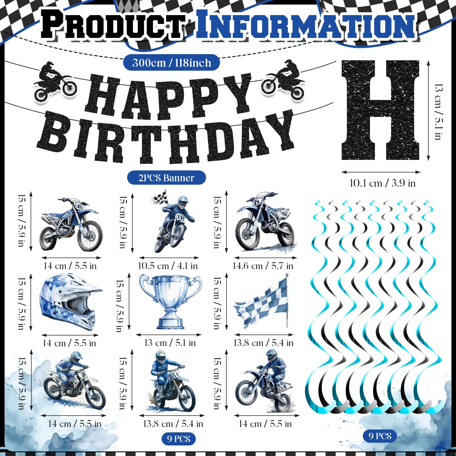 Decoración de cumpleaños de bicicleta sucia para niños, pancarta de cumpleaños y remolinos colgantes para motocicleta, motocross, suministros de decoración de fiesta temática