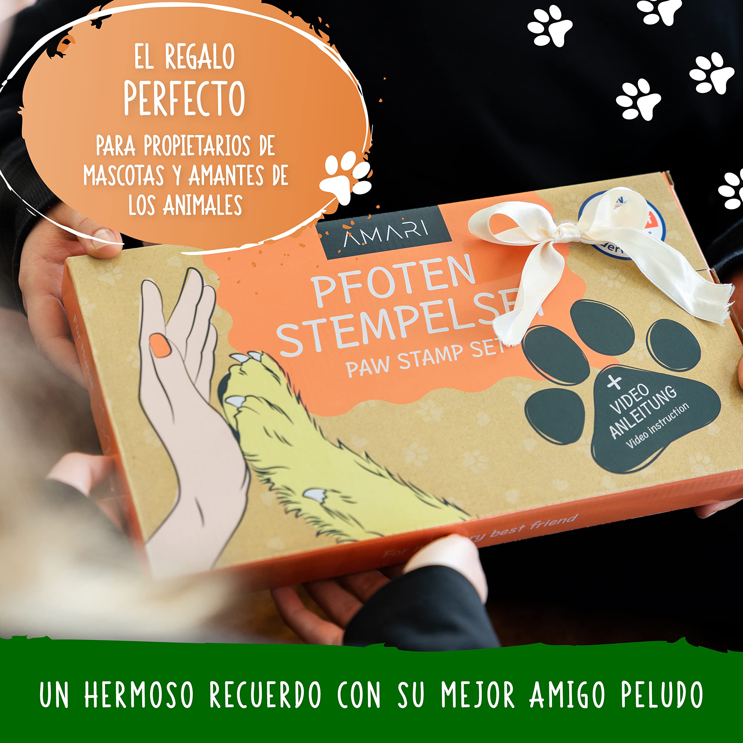 AMARI ® Kit de estampado de mascotas con 2 tampones y 4 tarjetas de estampado - huella perro - paw print stamp pad - kit impresión huella perro - sello huellas de perro con tinta
