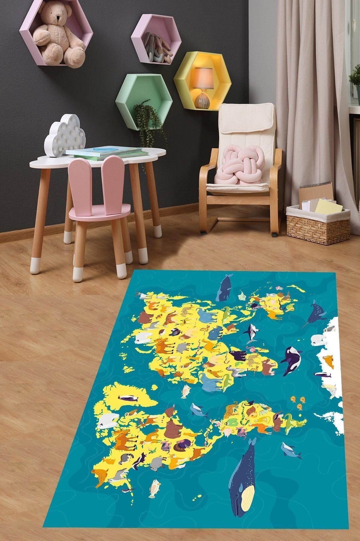 Pelangi Safari Karada ve Suda Yaşayan Hayvanlar Yıkanabilir Kaymaz Taban Leke Tutmaz Çocuk Odası Halısı, Turkuaz-Sarı 120 x 160, 9038680157120160