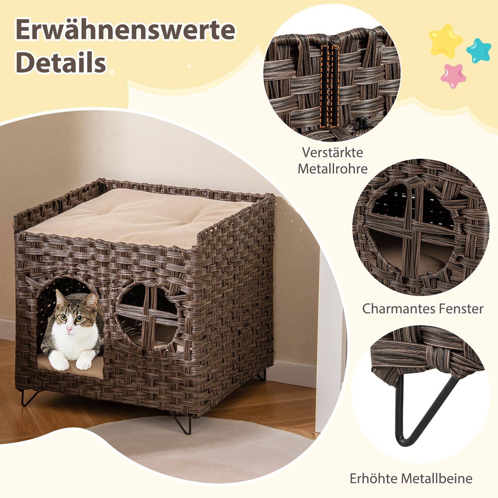 COSTWAY Katzenhaus aus PE-Rattan, Klappbar, 2 Etagen Katzenbett mit großer Sitzstange, abnehmbaren Kissen, Metallbeinen & Fenster, Indoor Katzenmöbel für Katzen, 50,5 x 45 x 50 cm