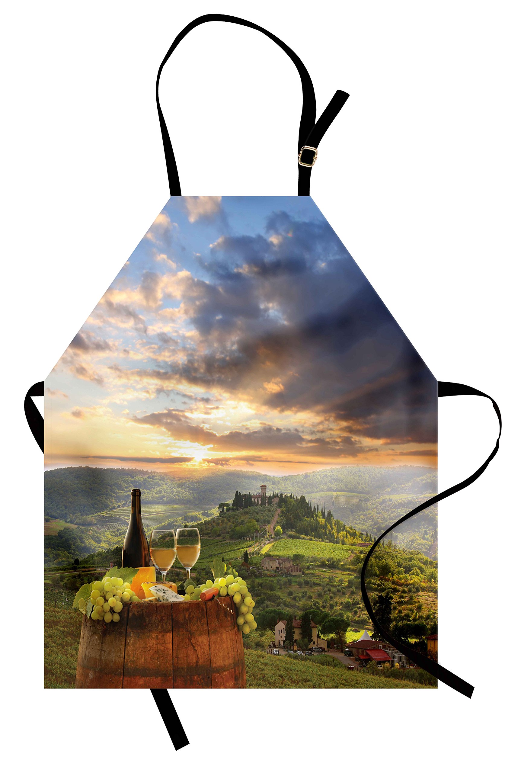 LunarableWinery Apron, Vineyard in Chianti Tuscany Italy Autumn Sunrise Dramatic Clouds, Unisex Kitchen Bib with Adjustable Neck for Cooking Gardening, Adult Size, Lime Green