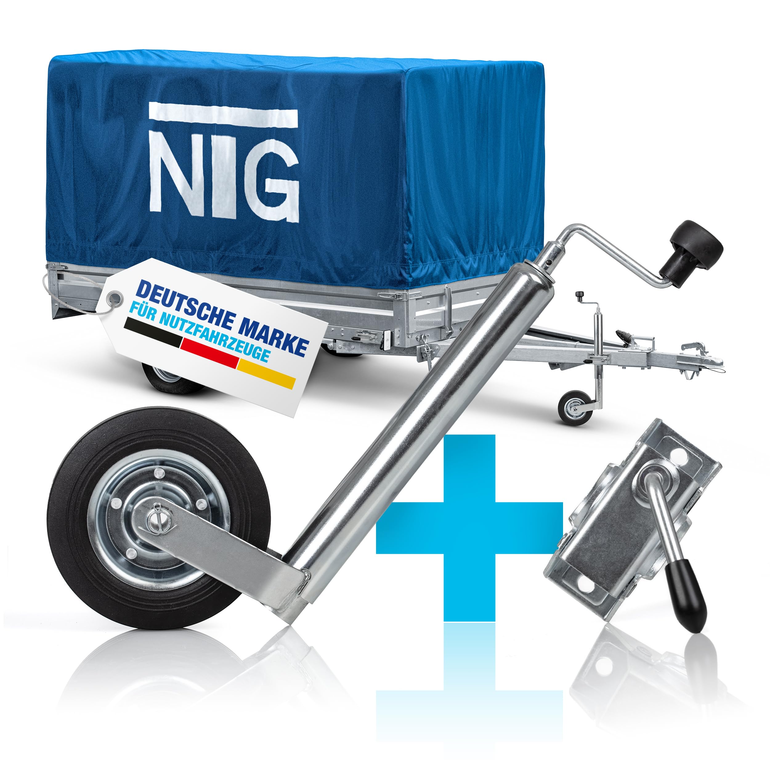 NTG Stützrad für Anhänger | Vollgummireifen | 150kg Stützlast | 46 bis 68 cm höhe | verzinkter Stahl | mit Klemmhalter | Stützrad | Wohnwagen | Anhänger 750kg (Stützrad mit Klemmhalter)