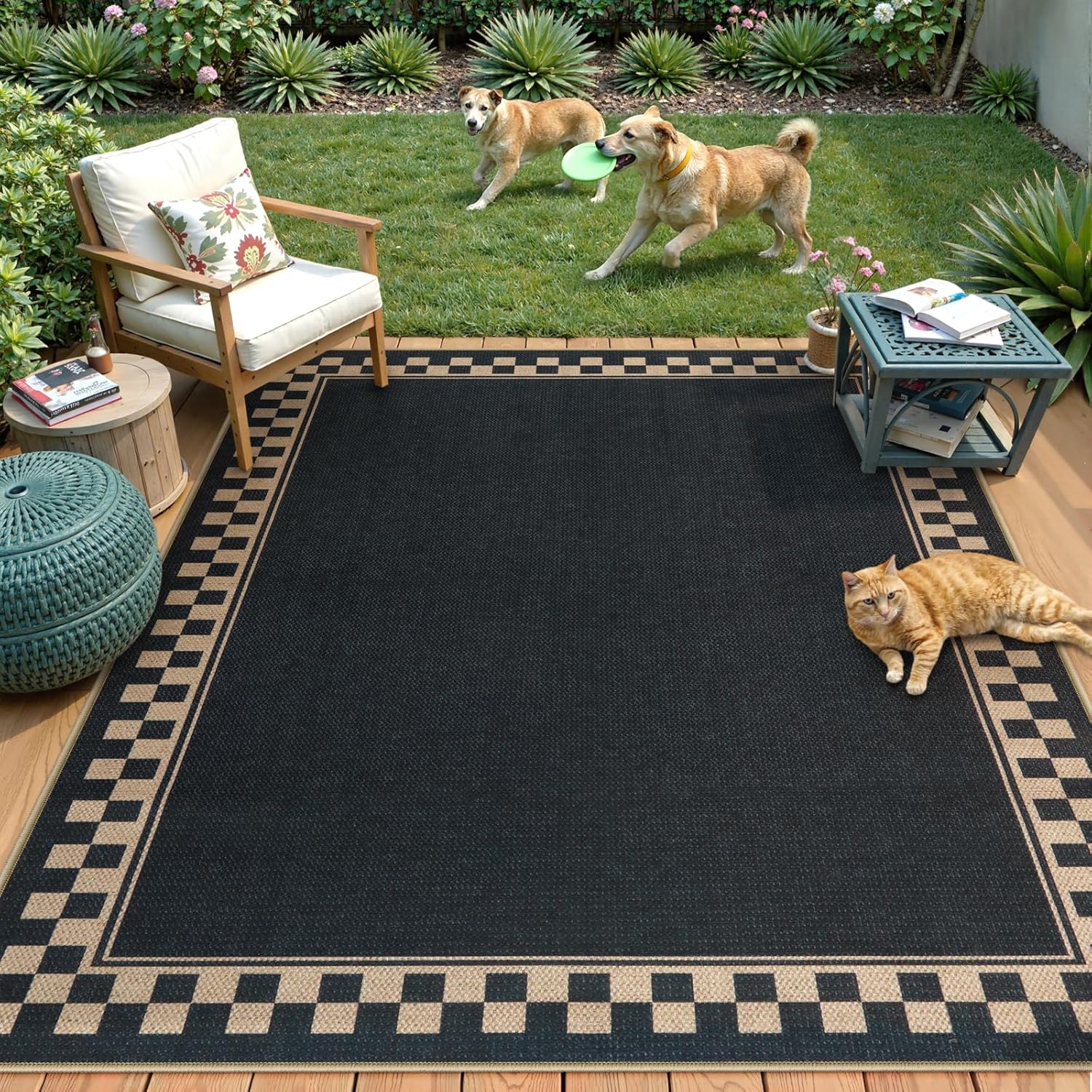 Tiveney Woven Easy Jute Rug, Outdoor Rug 4'x6' Machine Washable Area Rugs for Living Room, Non Slip Backing Front Porch Rug Black Farmhouse Indoor Outdoor Carpet for Patio Camping Deck Entryway