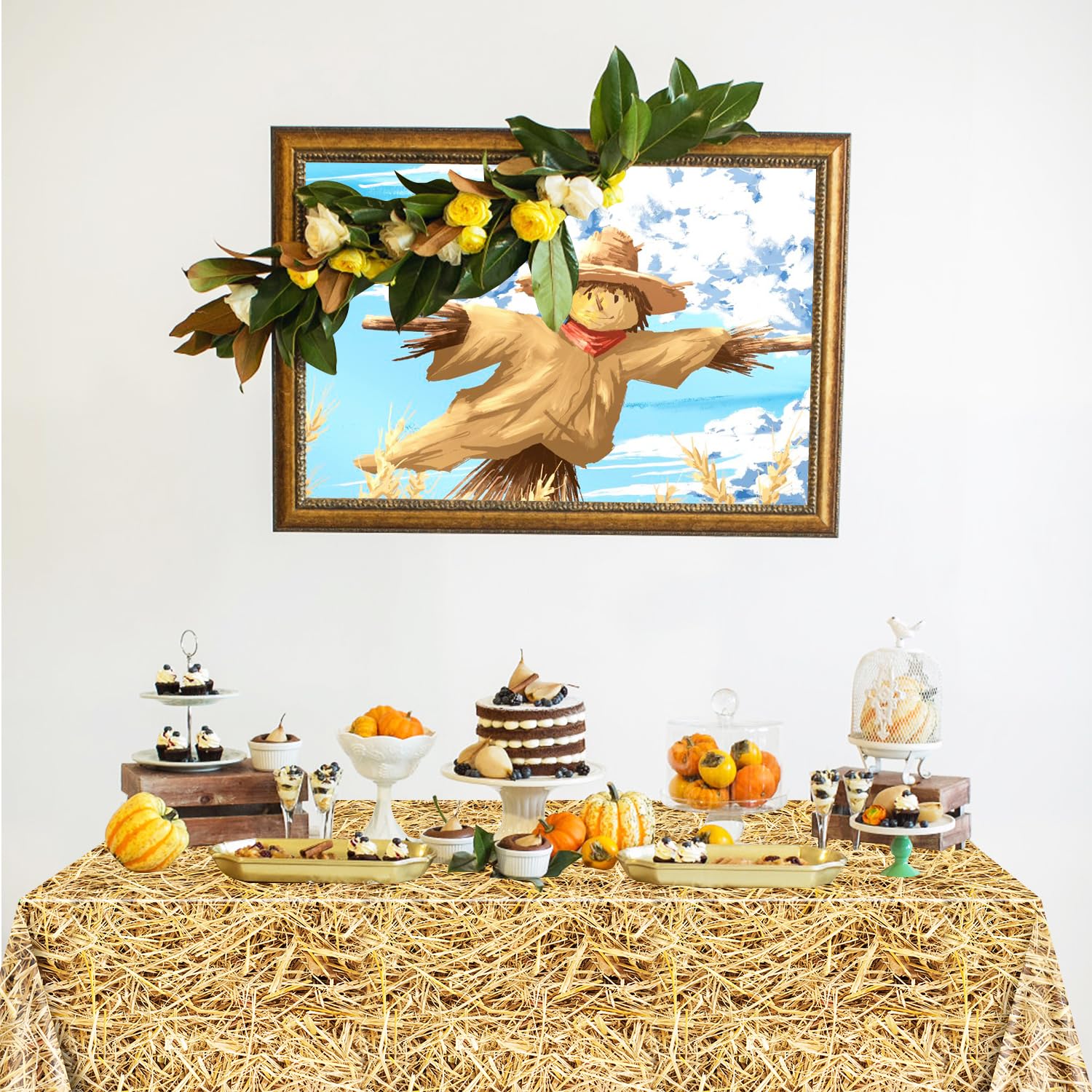 PTECDROTS 4 Pcs Straw Tablecloth Rectangular Straw Table Cover Waterproof Farm Table Cloth Hay Stacks for Farm Party Decorations Cowboy Western Theme Party Supplies - Image 4