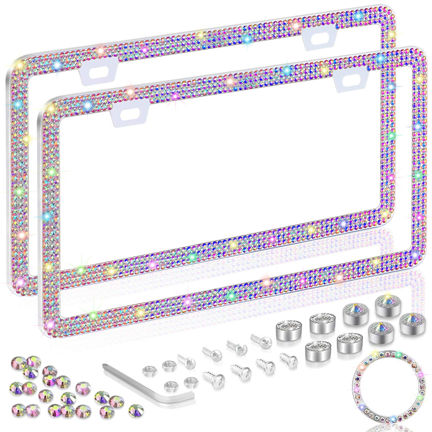 ONCHA Bling Multicolor Rhinestone License Plate Frame for Women, Luxury Handmade Thin Border Stainless Steel License Plate Frames for Front Back License