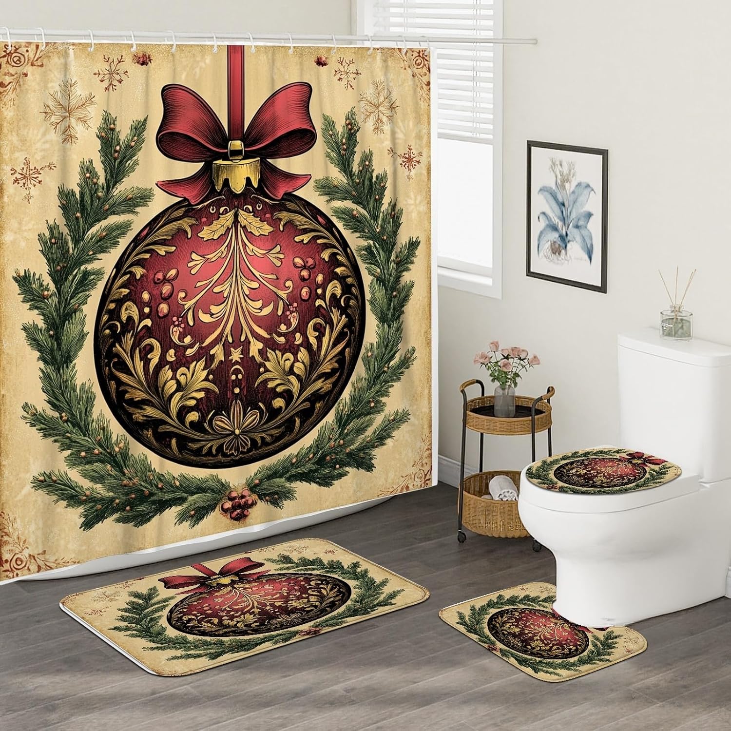 4PCS Vintage Merry Christmas Balls Bathroom Sets with Non-Slip Rug, U Shape Toilet Lid Cover Mat, Aesthetic Retro Xmas Bathroom Decoration 72''x72''