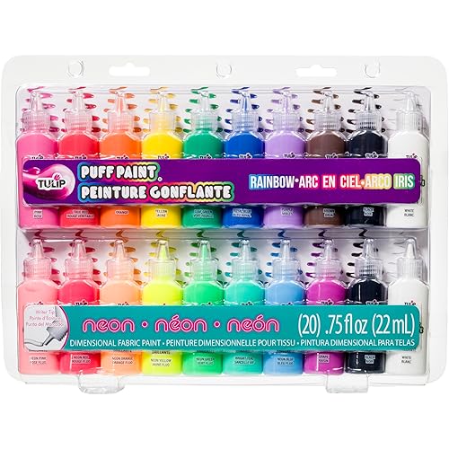 Tulip Puff Paint 20-Color Party Pack, Multi-Surface, Premium Quality, Nontoxic & Waterproof Craft Paint, Permanent on Fabric, Rainbow