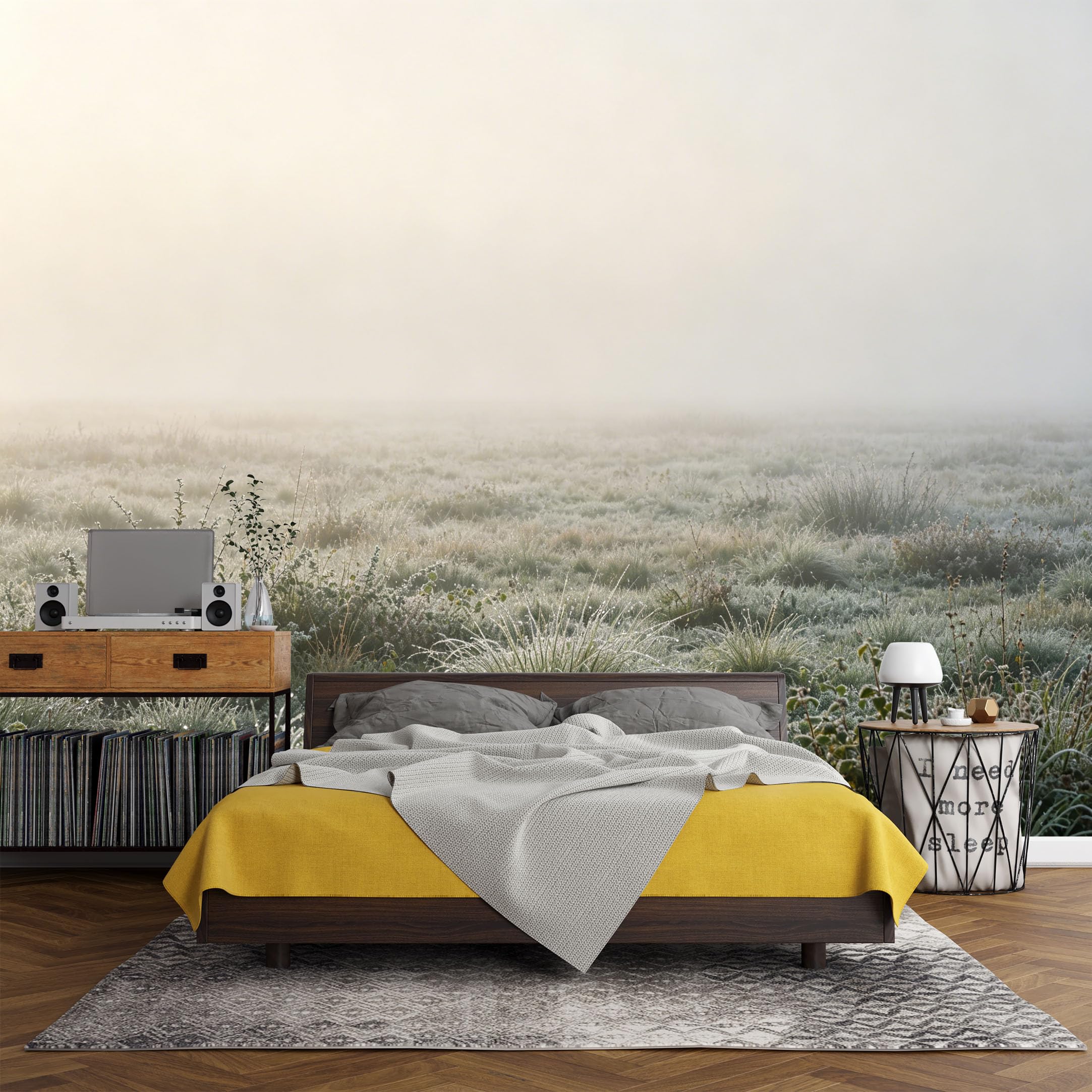 Custom Size Wall Mural， Misty Morning Meadow Landscape Frosted Grasses Nature Scenery，SelfAdhesive Art Prints wall Fabric (No PVC) Removable Wallpaper Living Room Decor