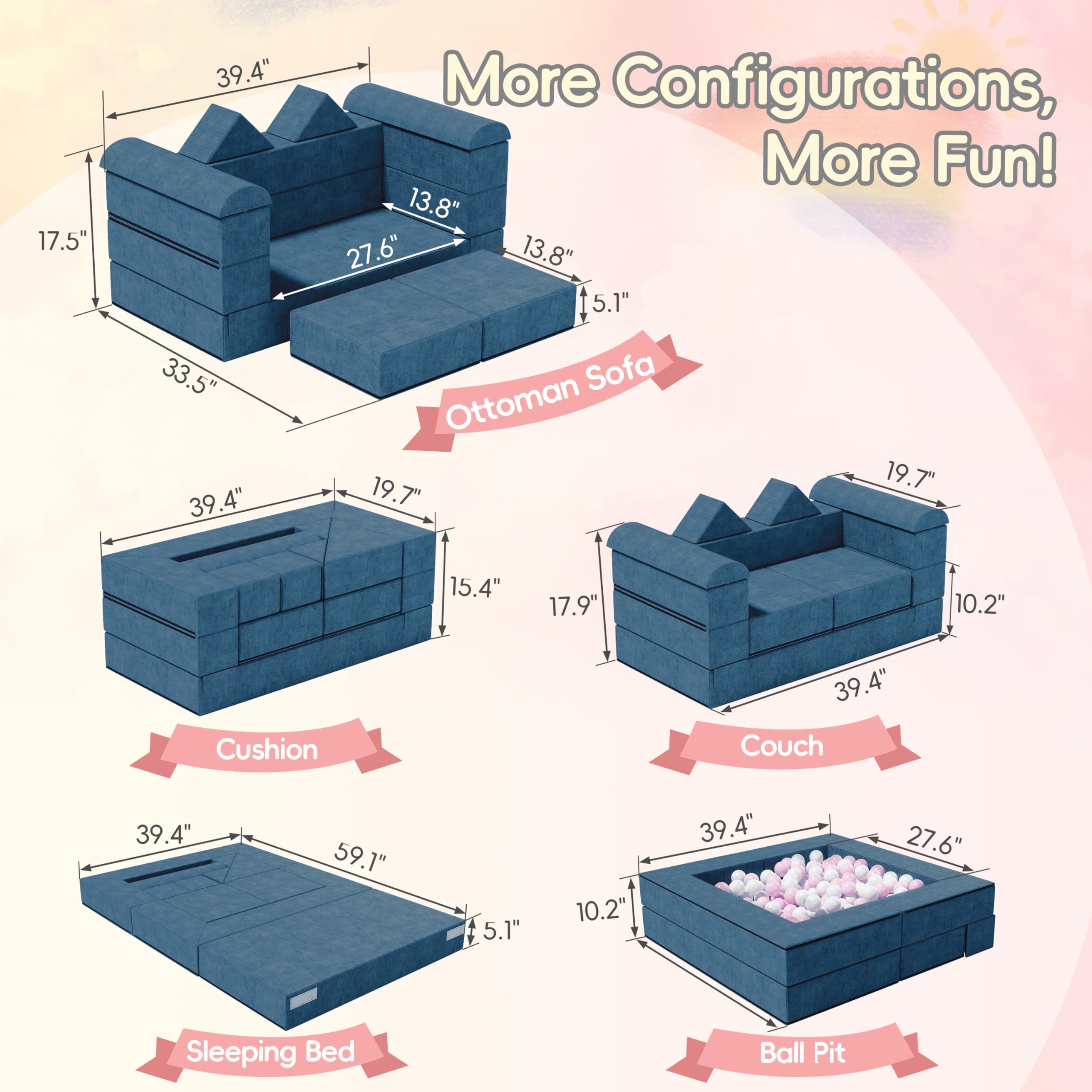 IdeaKey Kids Couch Modular Play Toddler Sofa Chair Soft Foam Building Fort Convertible Child Sectional Sofa Blue