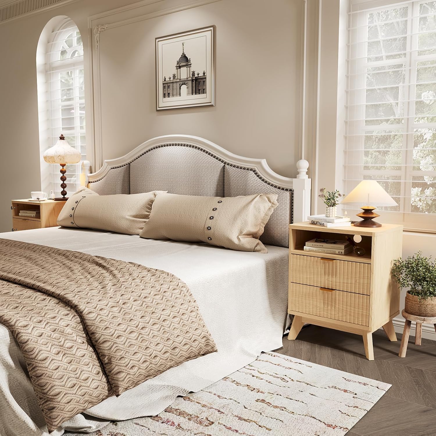 Fluted Nightstand with Charging Station, Wood Bedside Table with 2 Drawers, Modern Farmhouse Nightstand with USB Open Shelf & Wooden Feet for Bedroom & Living Room - Image 2