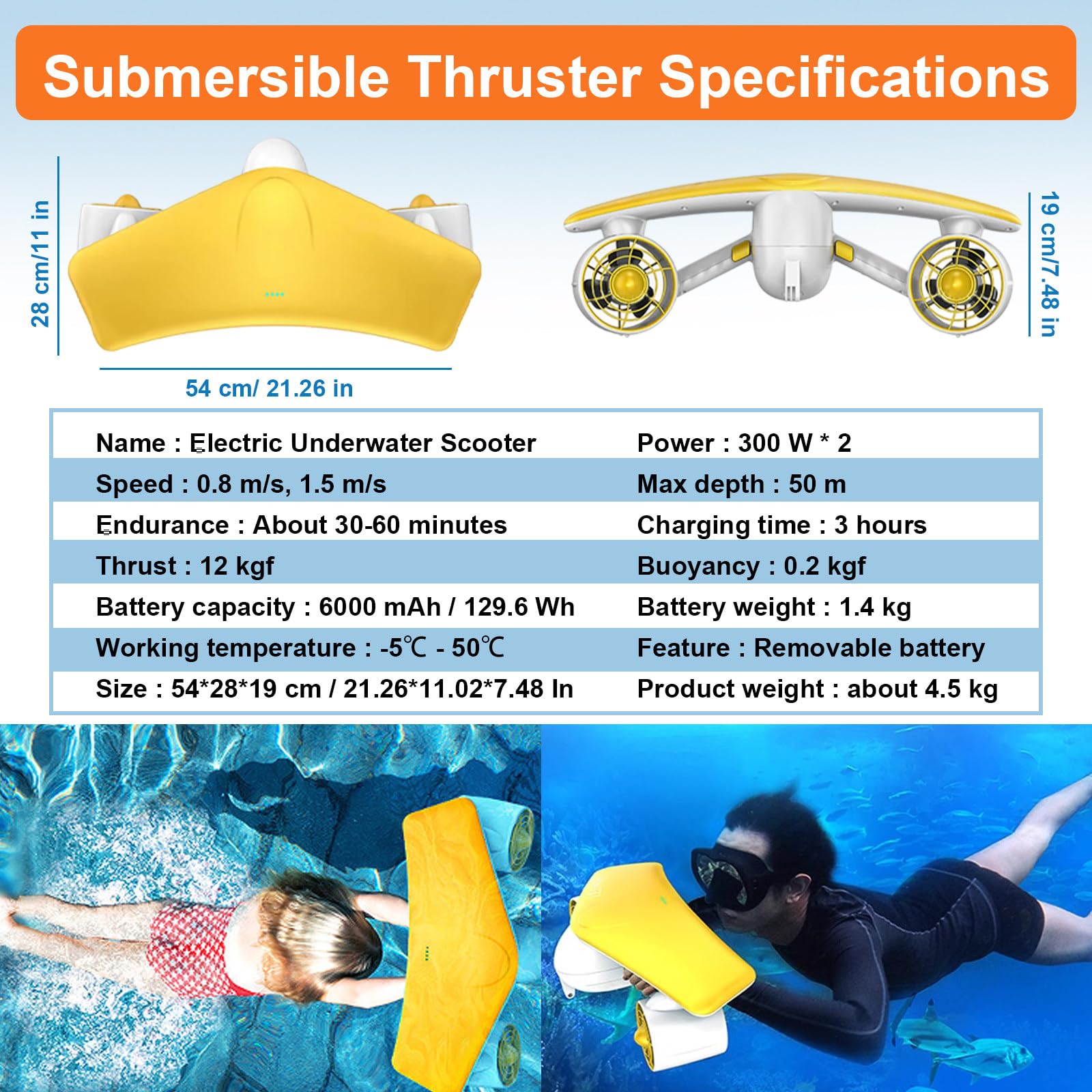 Scooters Submarinos Eléctricos, Scooter Submarino Portátil De 6000 mAh, con 2 Configuraciones De Velocidad, Autonomía De 30 A 60 Minutos, Profundidad Máxima De Buceo De 50 m