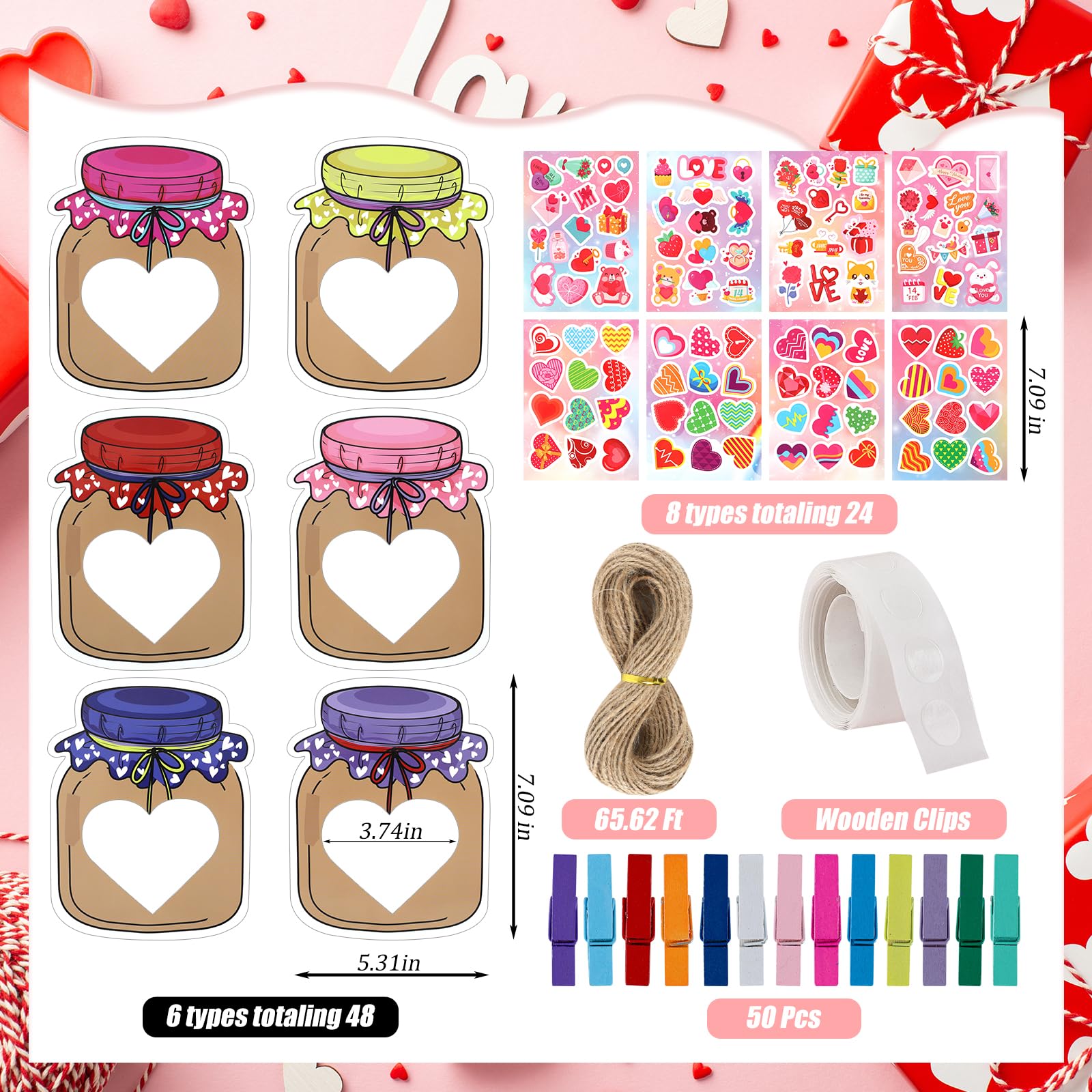 48 Sets Valentine 's Day Craft Mason Jar Valentines DIY Picture Frames Craft Valentine Cardboard Photo Frame Craft Kits with Stickers Valentines Classroom Activities Party Favors for Boys and Girls
