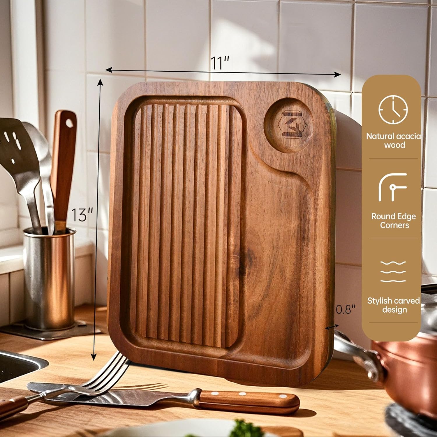 4 pcs Acacia Wood Steak Plates,Carnivore Cutting Board for Eating, Carved Meat Wooden Plate, Food Serving Tray,Cheese Charcuterie Boards with Deep Grooves & Hidden Handles - Image 2