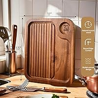 Vista 2 de 4 piezas de platos para bistec de madera de acacia, tabla de cortar carnívora para comer, plato de carne tallado en madera, bandeja para servir