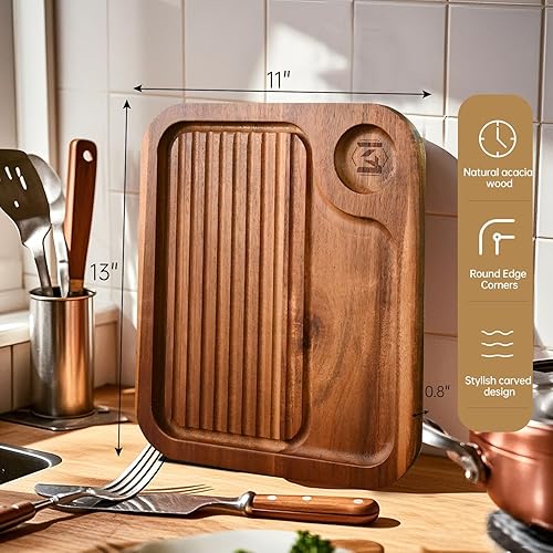 Miniatura 2 de 4 platos de madera de acacia, tabla de cortar de carnívoro para comer, plato de madera de carne tallada, bandeja para servir alimentos, tablas de