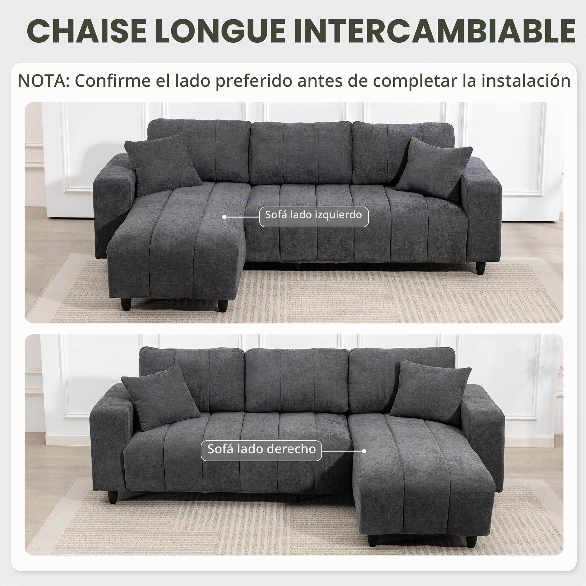 HOMCOM Sofá Chaise Longue Reversible 3 Plazas 242x156x87 cm Gris Oscuro