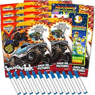 Monster Jam Imagine Ink Coloring Book Set for Kids - 12 Pack No-Mess Magic Ink Monster Jam Monster Truck Coloring Books with Barn Bots Stickers and Door Hanger (Monster Jam Racing Party Favors Bundle)