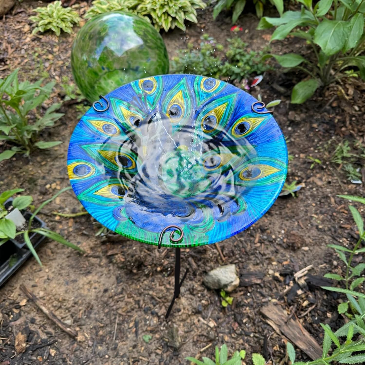 2Pack Bird Baths for Outside Glass Birdbath Bowl & Birdfeeder with Metal Stake for Garden, Yards Lawn Patio, Bird Lovers Gift 10.5" D