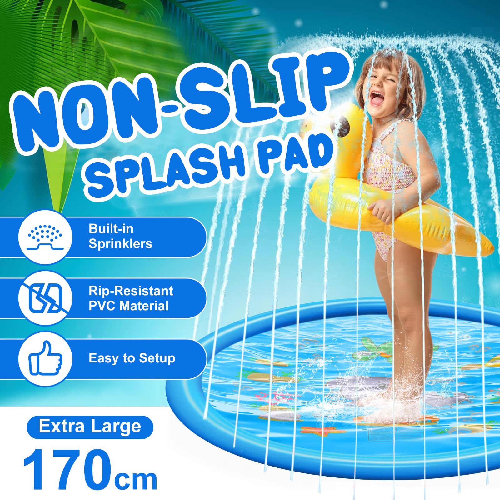 Splash pad Wasserspielzeug Kinder, 170CM Sprinkler Wasser Spielmatte für Draußen, Outdoor Garten, Hunde Pool Wassermatte für Sommer Sprinklerauflage Spielzeug für Kinder (Abgerundeter Rand)