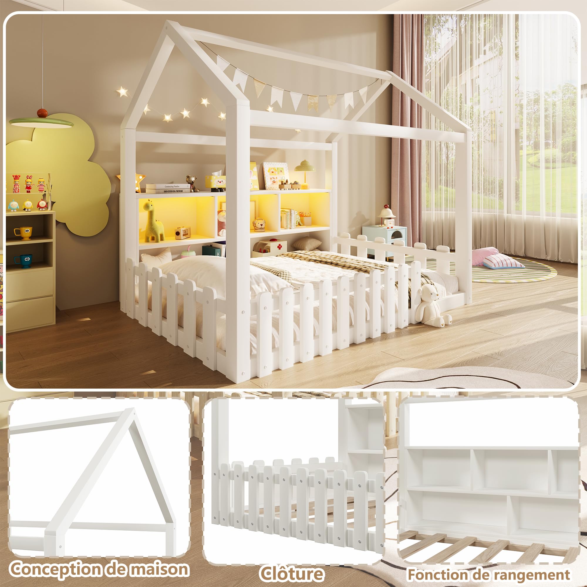 Lit cabane Enfants 90x190 cm avec LED,lit Enfant avec Barriere,lit Enfant cabane lit au Sol Enfant,Compartiments de Rangement Ouverts, Design Maison,Bande de Maison,Bois de pin,Blanc