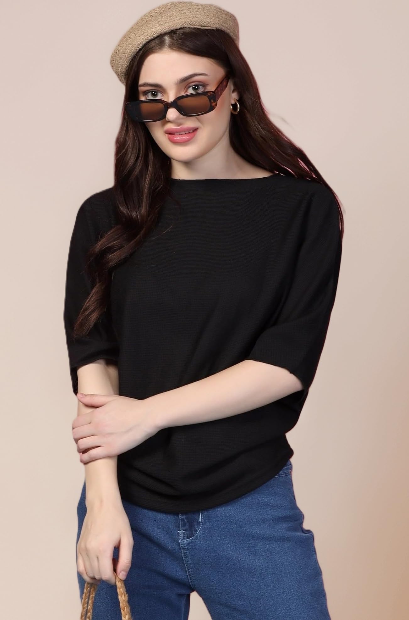 Women's Boat Neck Top Half Sleeve Summer Winter Woman Stylish Western Knit Ribbed Basic Tops